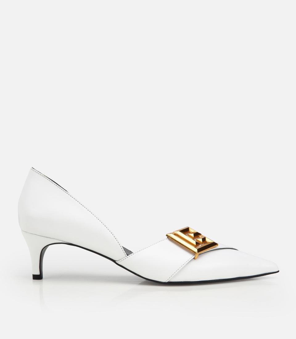Kadın Deri Beyaz Gold Tokalı Kısa Topuklu Stiletto