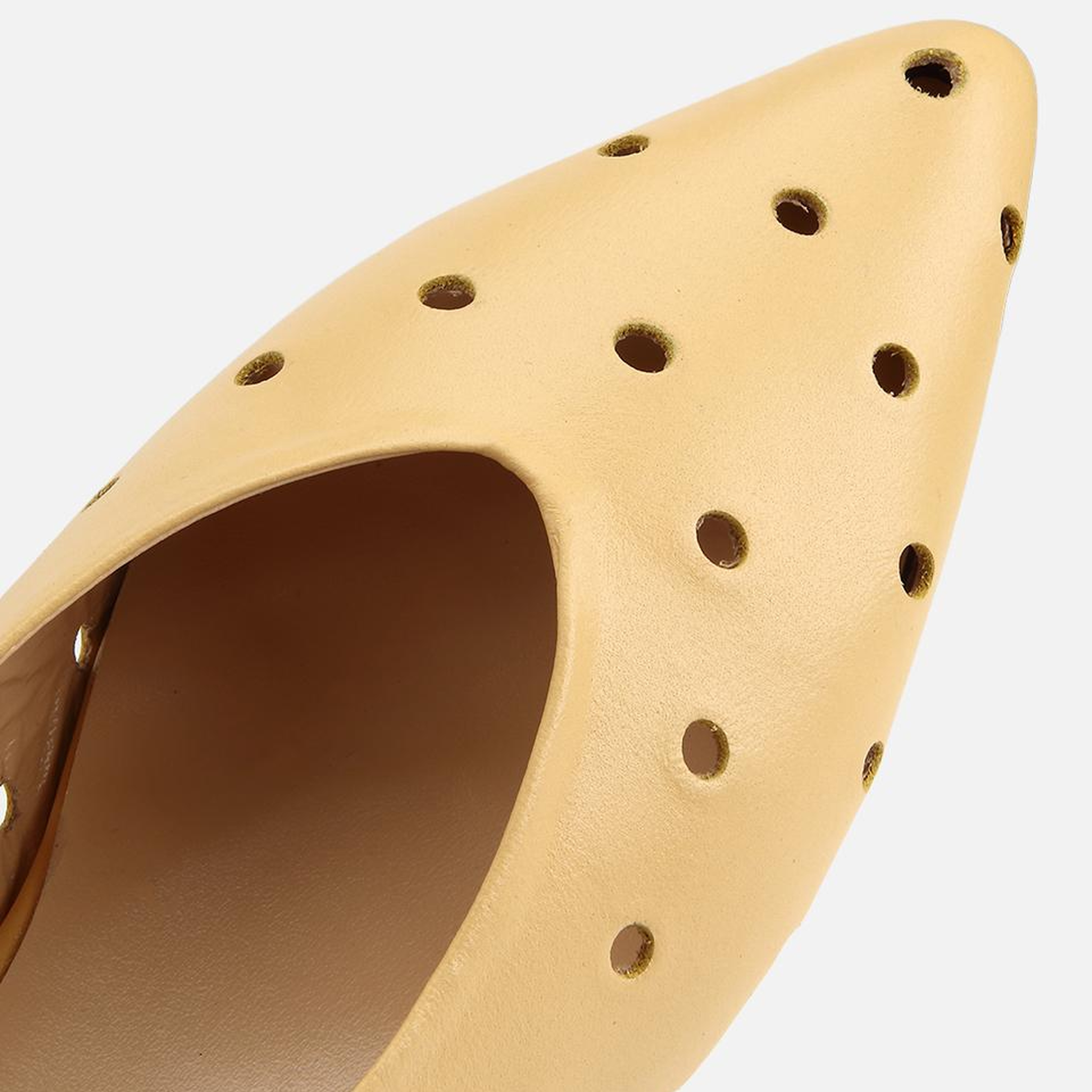 Kadın Deri Sarı Delik Detaylı Arkası Lastikli Mini Topuklu Stiletto