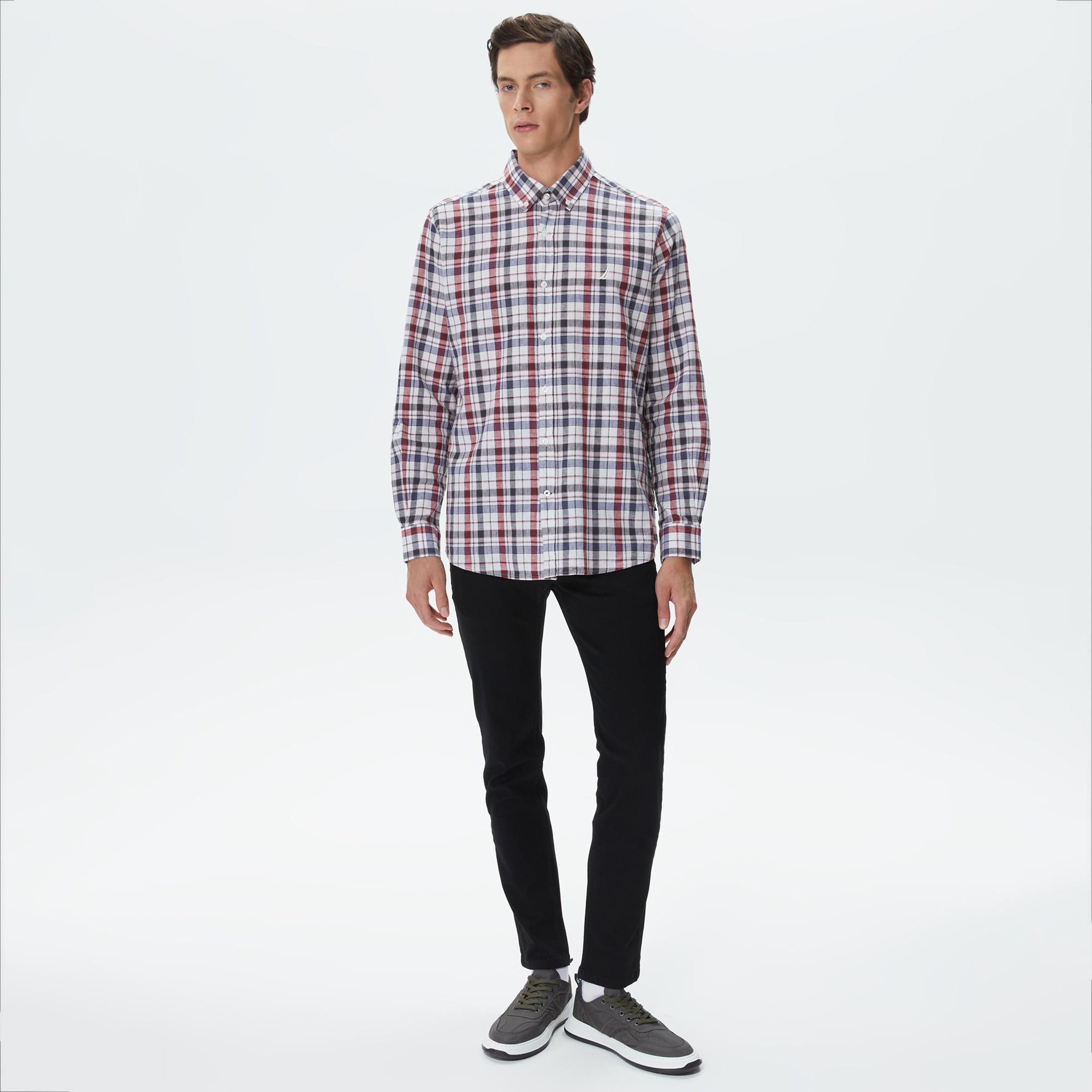 Nautica Erkek Kırık Beyaz Classic Fit Uzun Kollu Ekoseli Gömlek