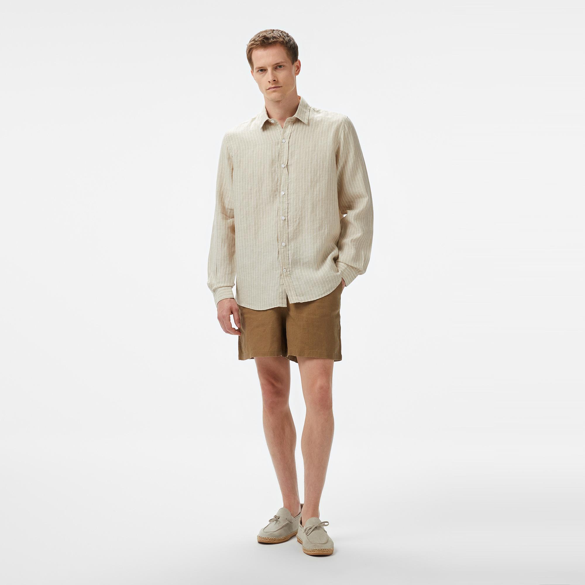 Nautica Erkek Bej Classic Fit Çizgili Keten Gömlek