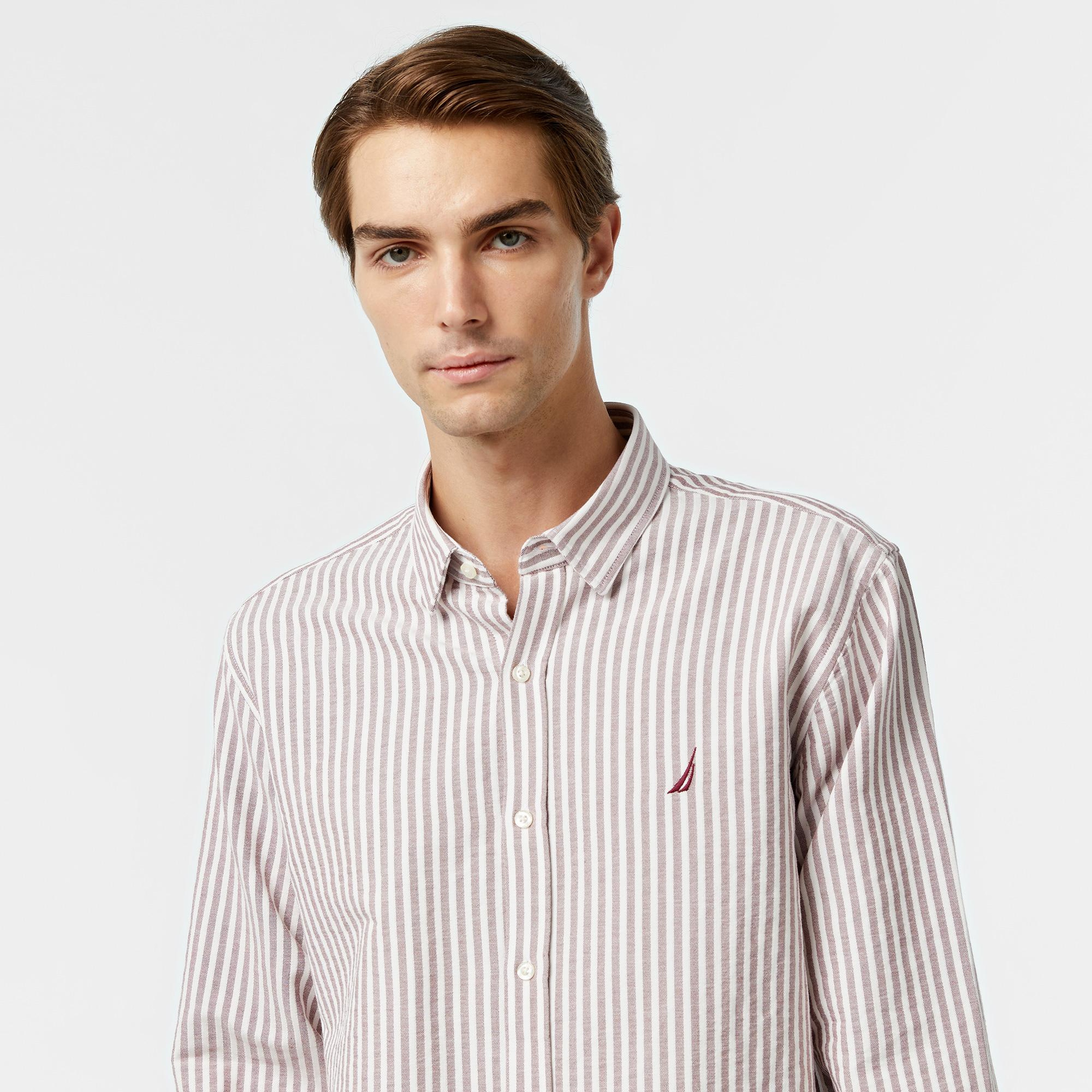 Nautica Erkek Bordo Classic Fit Çizgili Gömlek