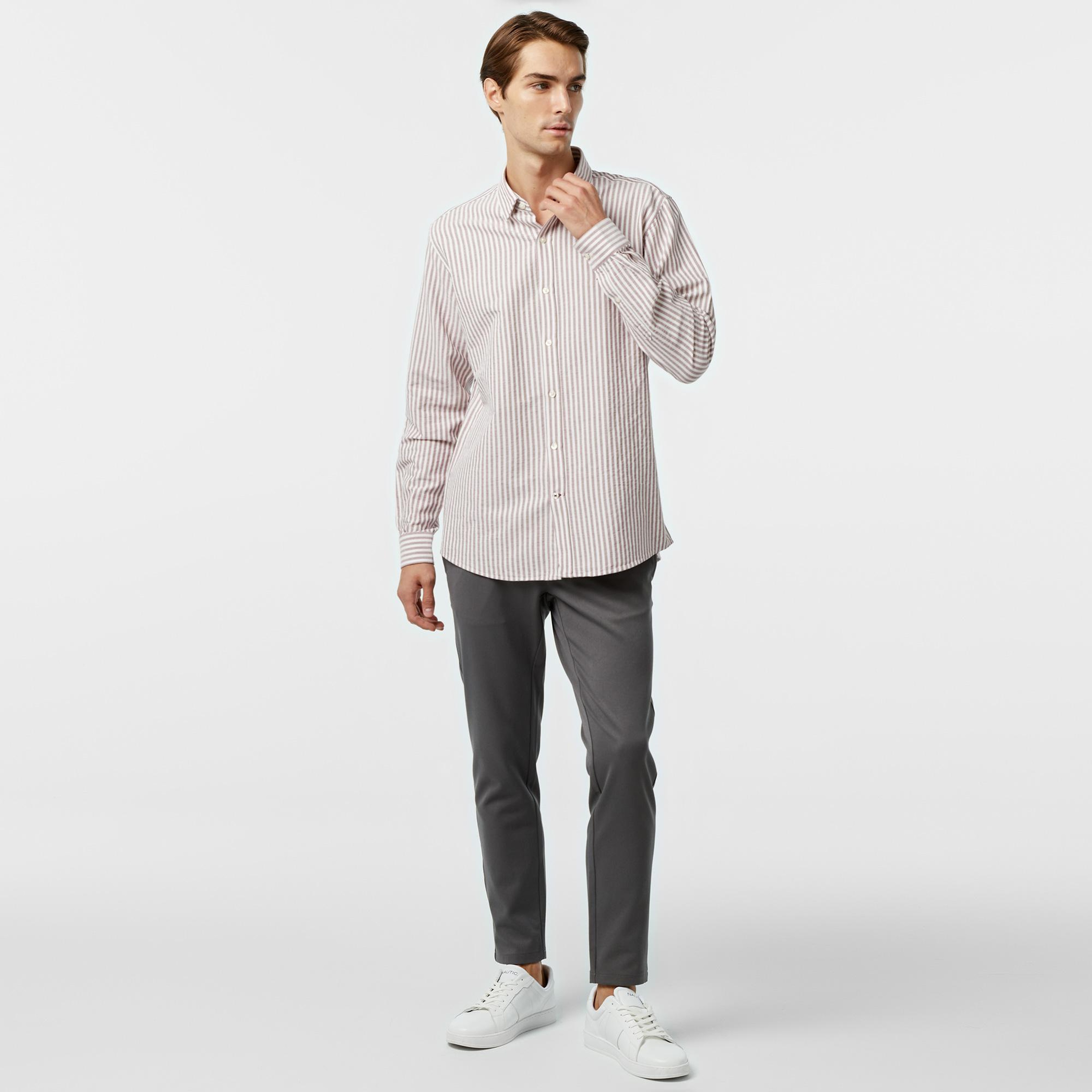 Nautica Erkek Bordo Classic Fit Çizgili Gömlek