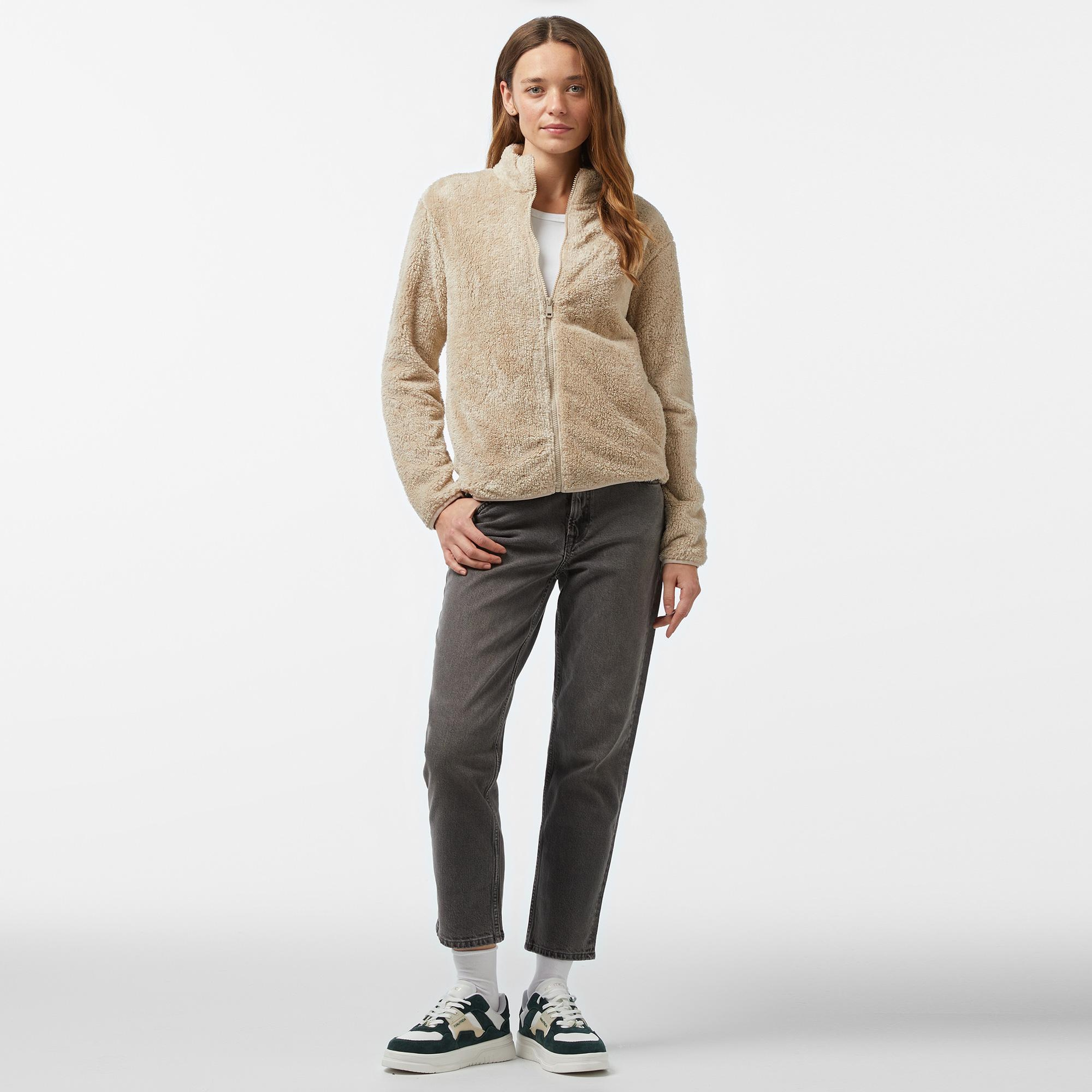 Nautica Kadın Bej Regular Fit Fermuarlı Peluş Sweatshirt