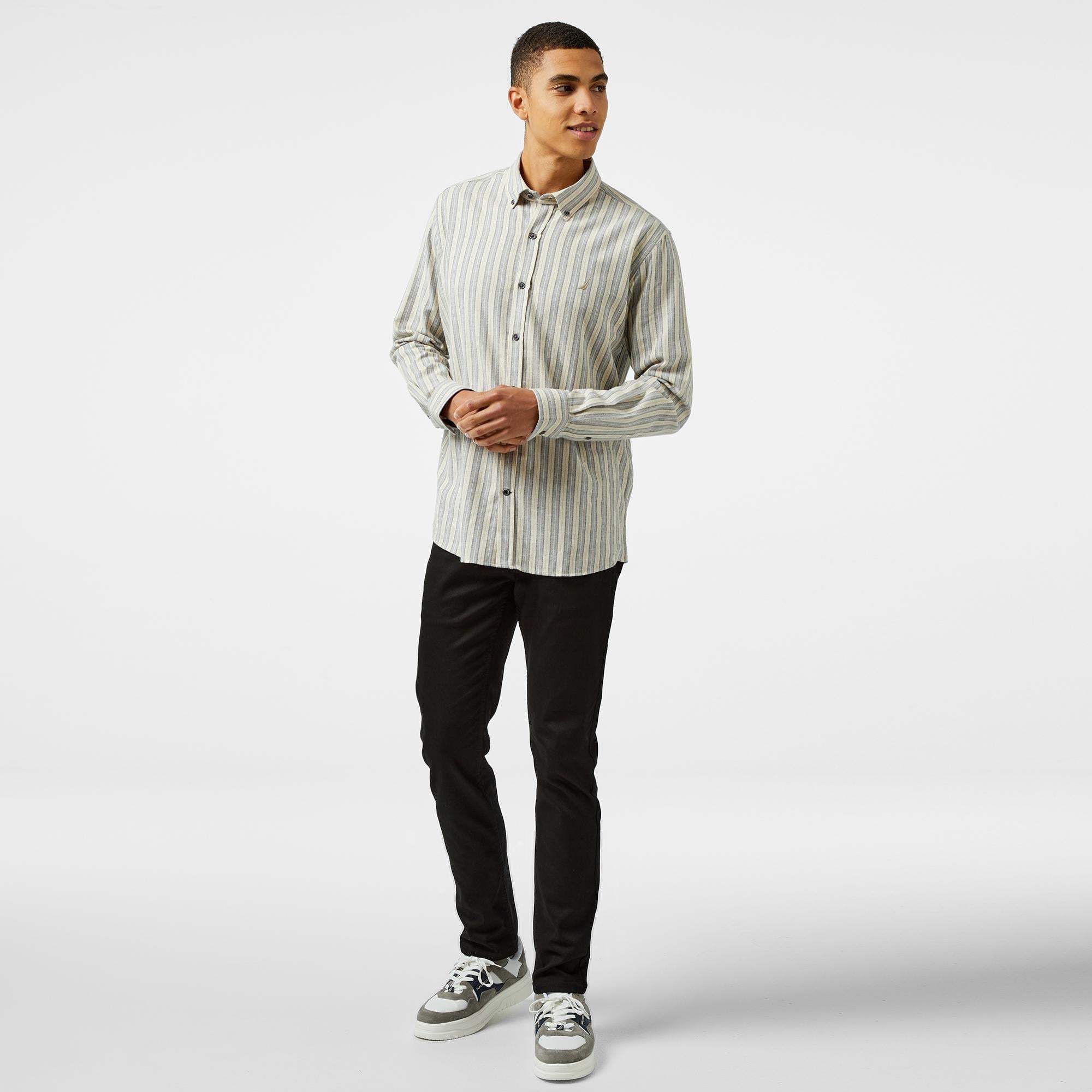 Nautica Erkek Krem Classic Fit Keten Çizgili Gömlek
