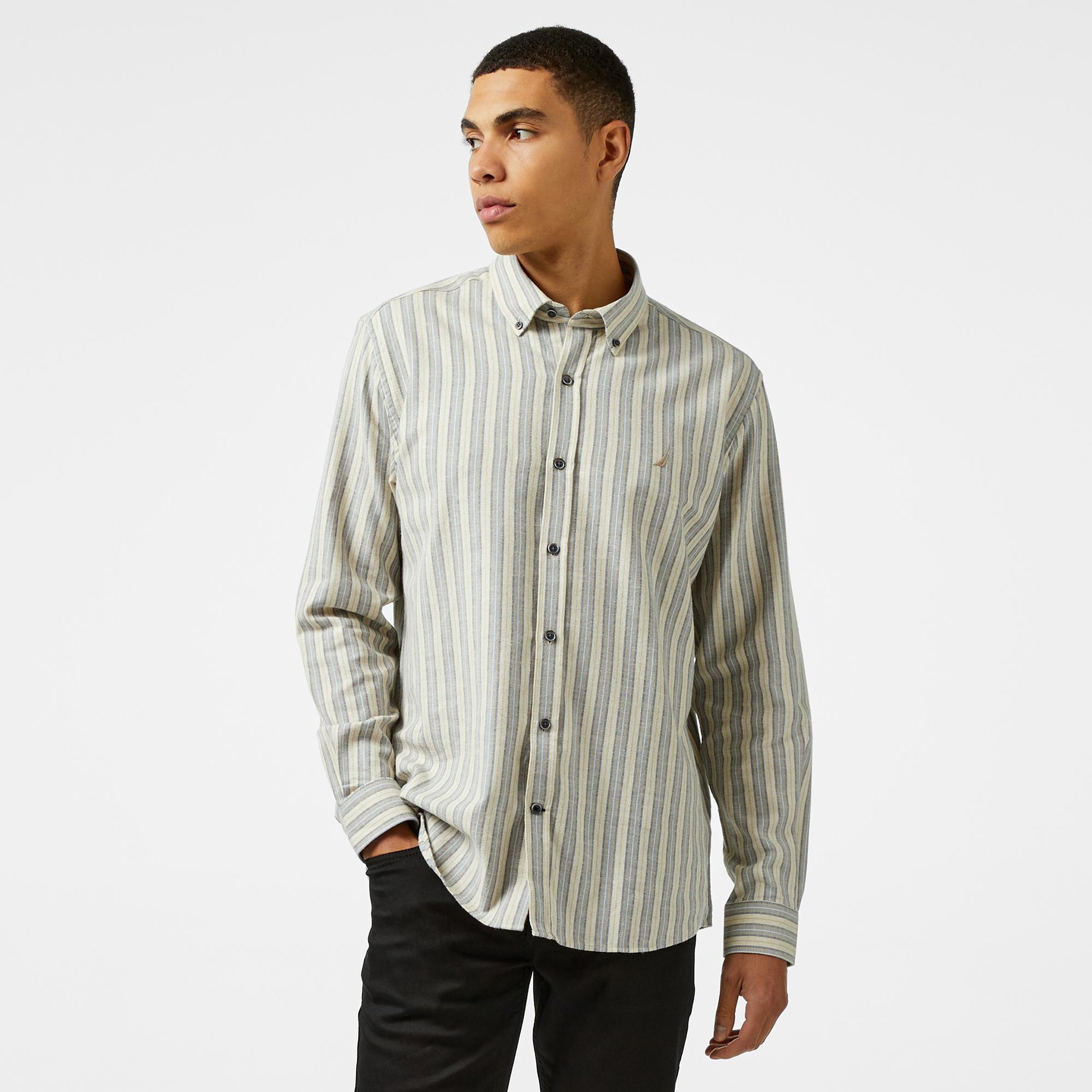 Nautica Erkek Krem Classic Fit Keten Çizgili Gömlek
