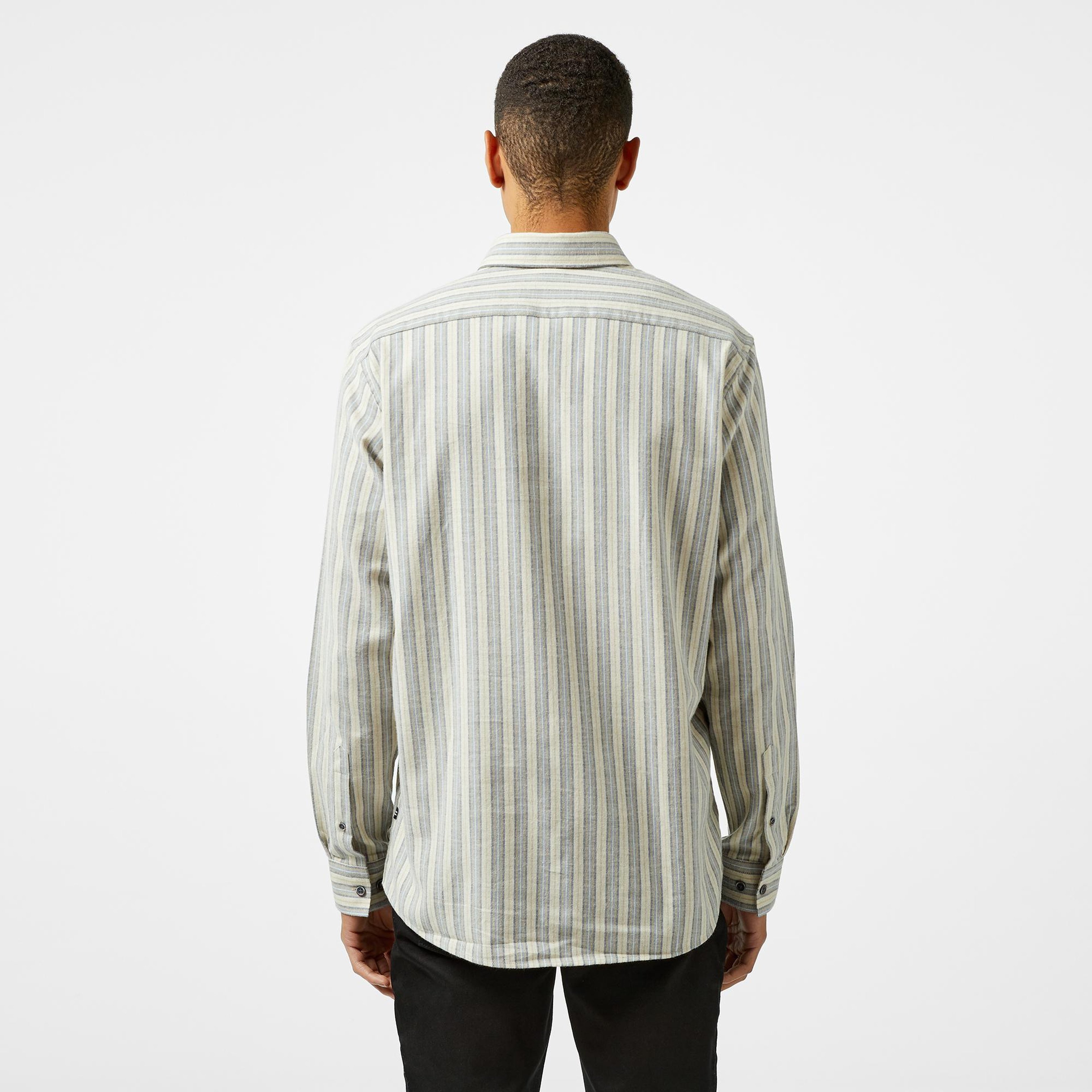 Nautica Erkek Krem Classic Fit Keten Çizgili Gömlek