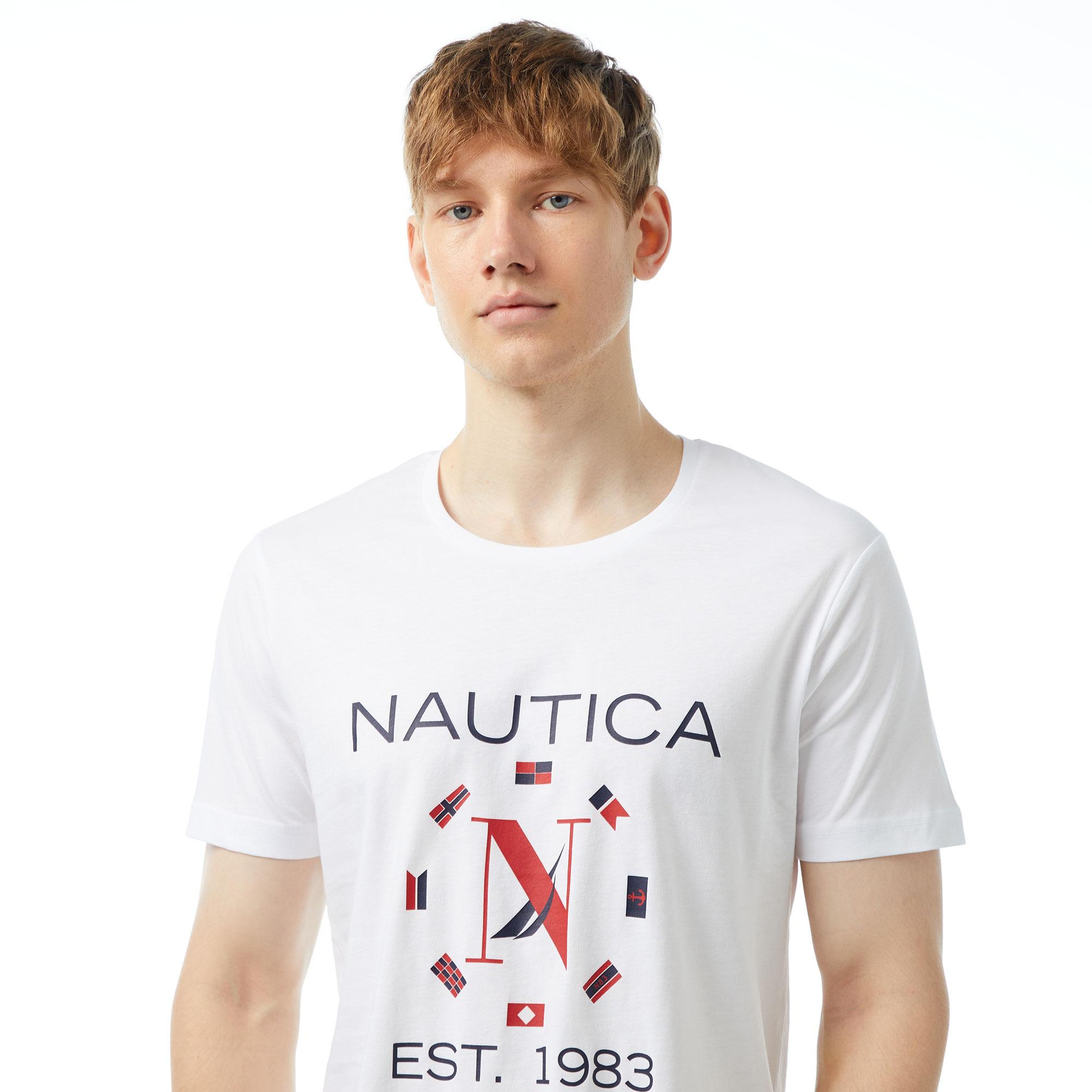 Nautica Erkek Beyaz Standart Fit Kısa Kollu Baskılı T-Shirt