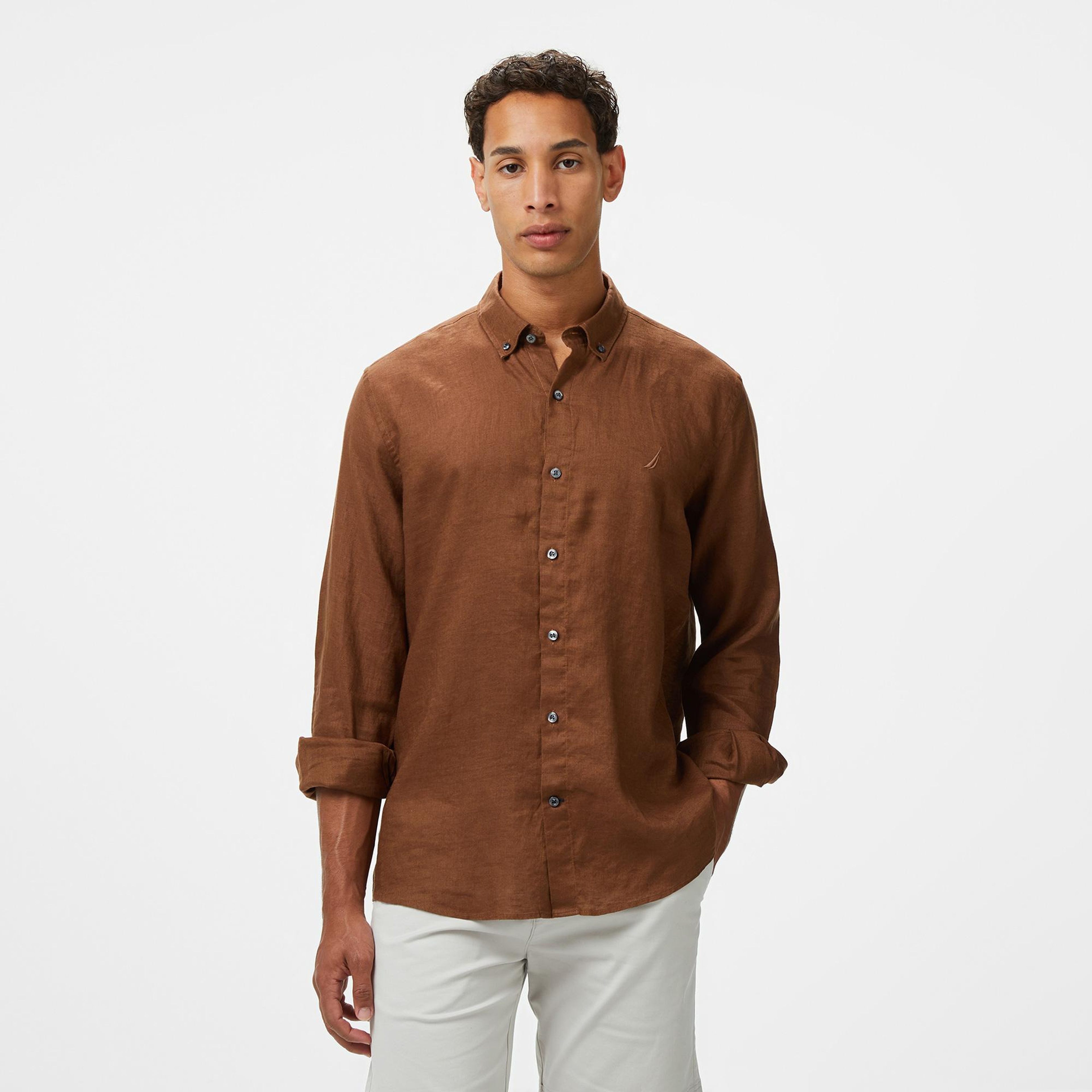Nautica Erkek Kahverengi Classic Fit Keten Gömlek