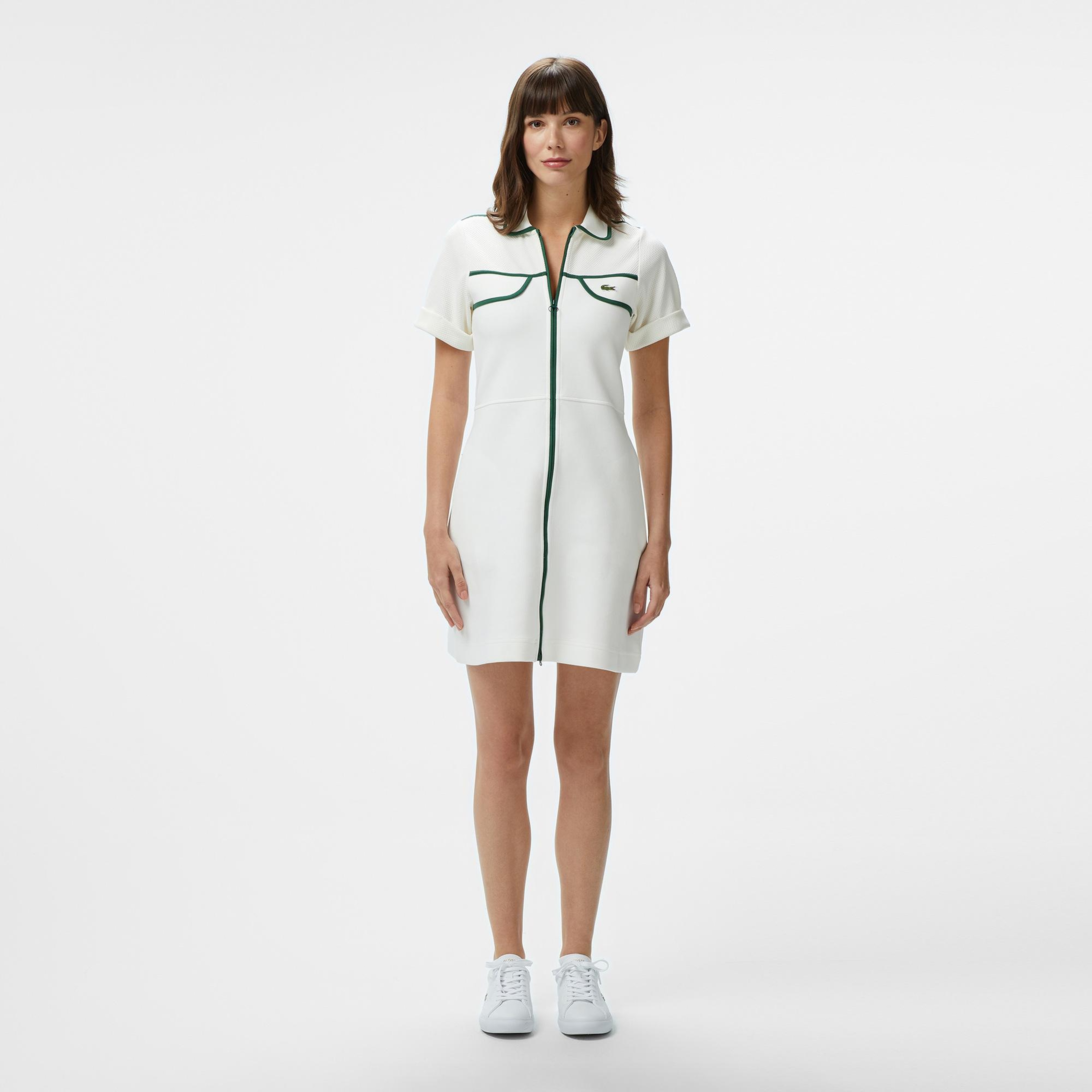 Kadın Classic Fit Kısa Kollu Polo Yaka Renk Bloklu Beyaz Elbise