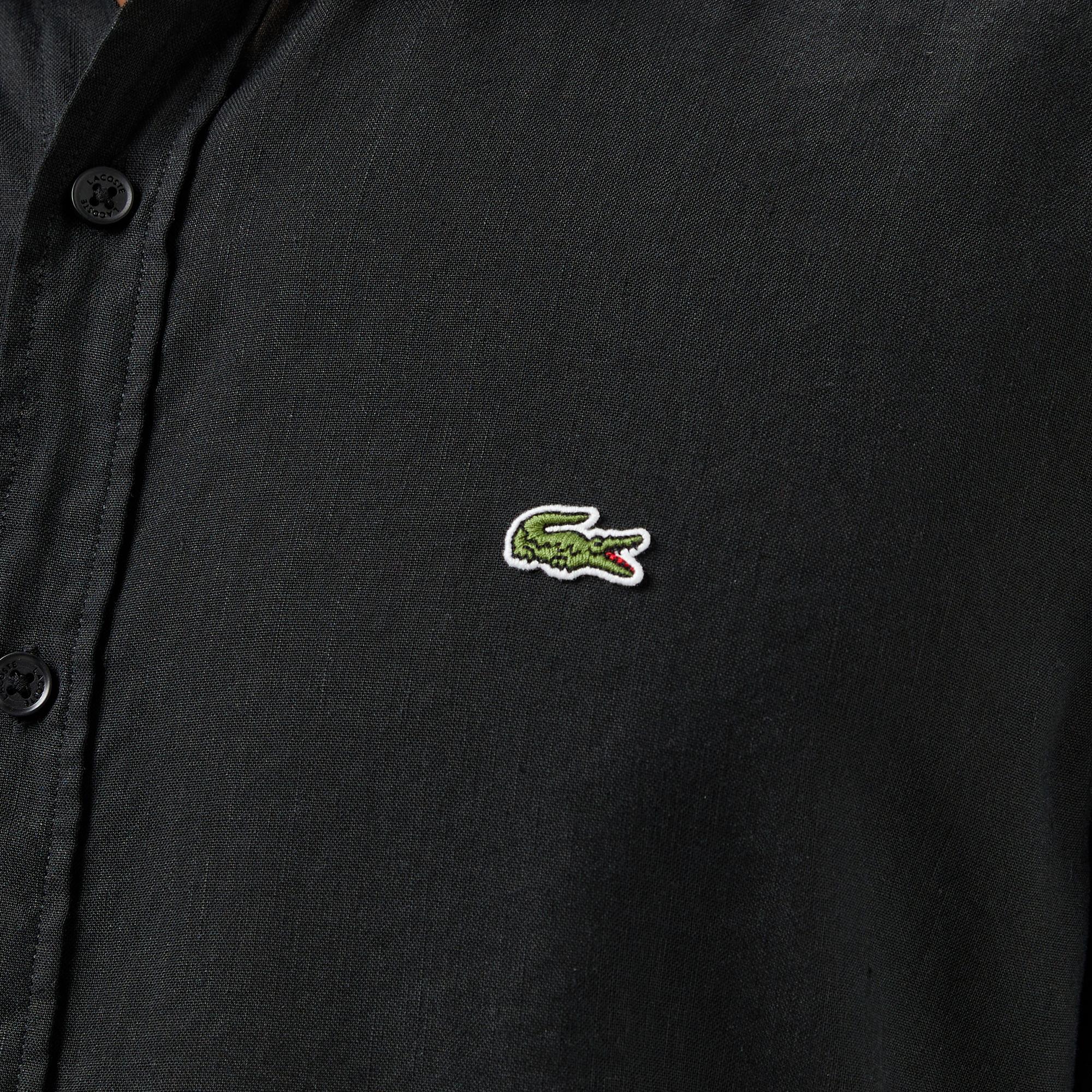 Erkek Slim Fit Keten Siyah Gömlek