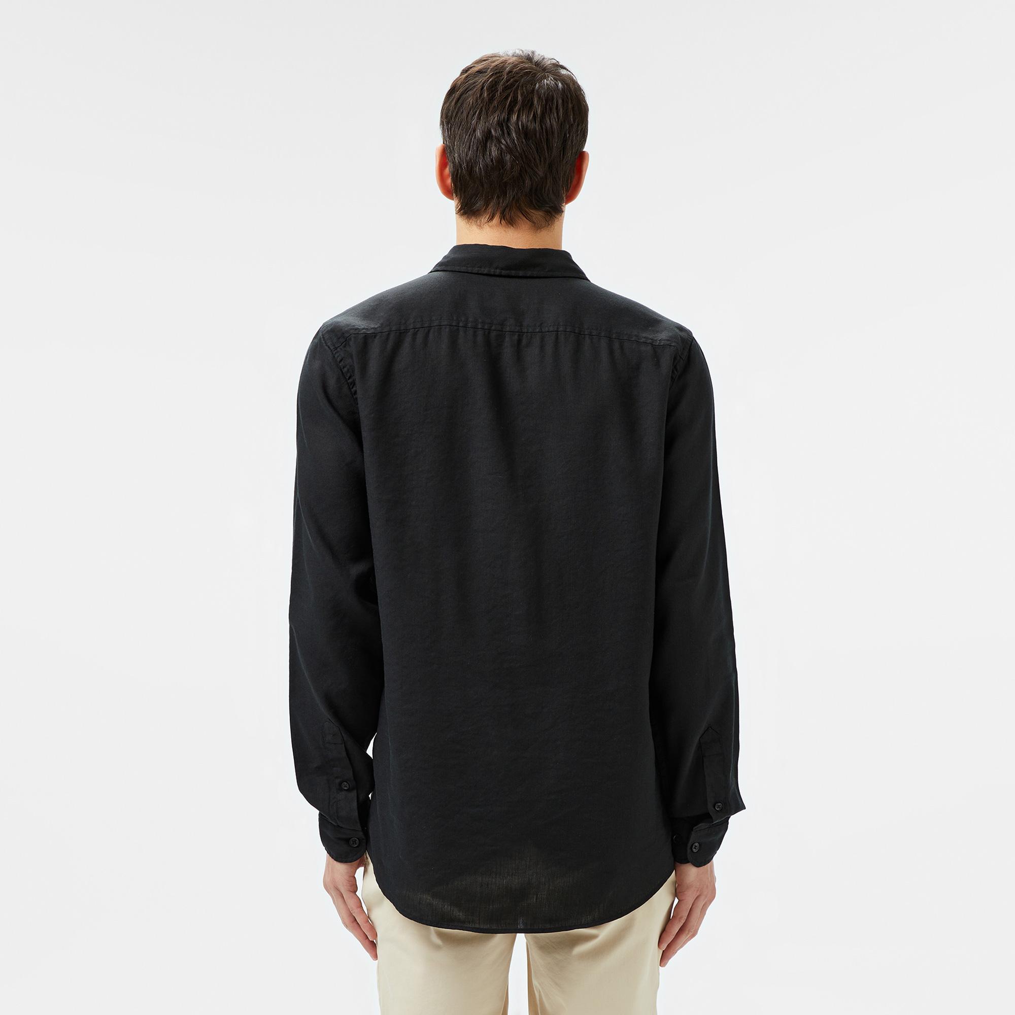Erkek Slim Fit Keten Siyah Gömlek