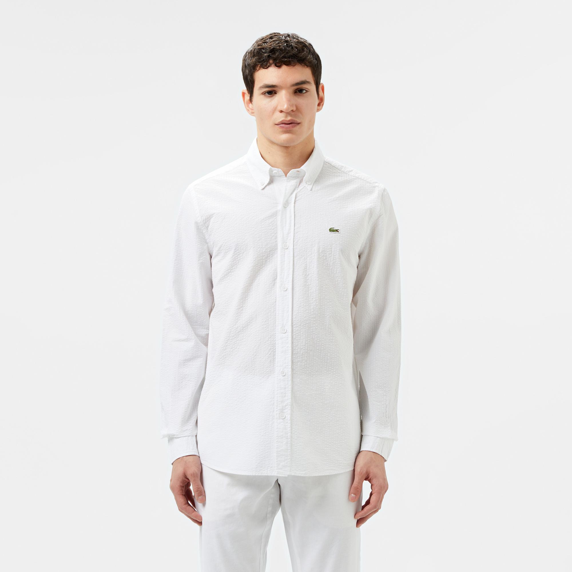 Erkek Slim Fit Düğmeli Yaka Beyaz Gömlek