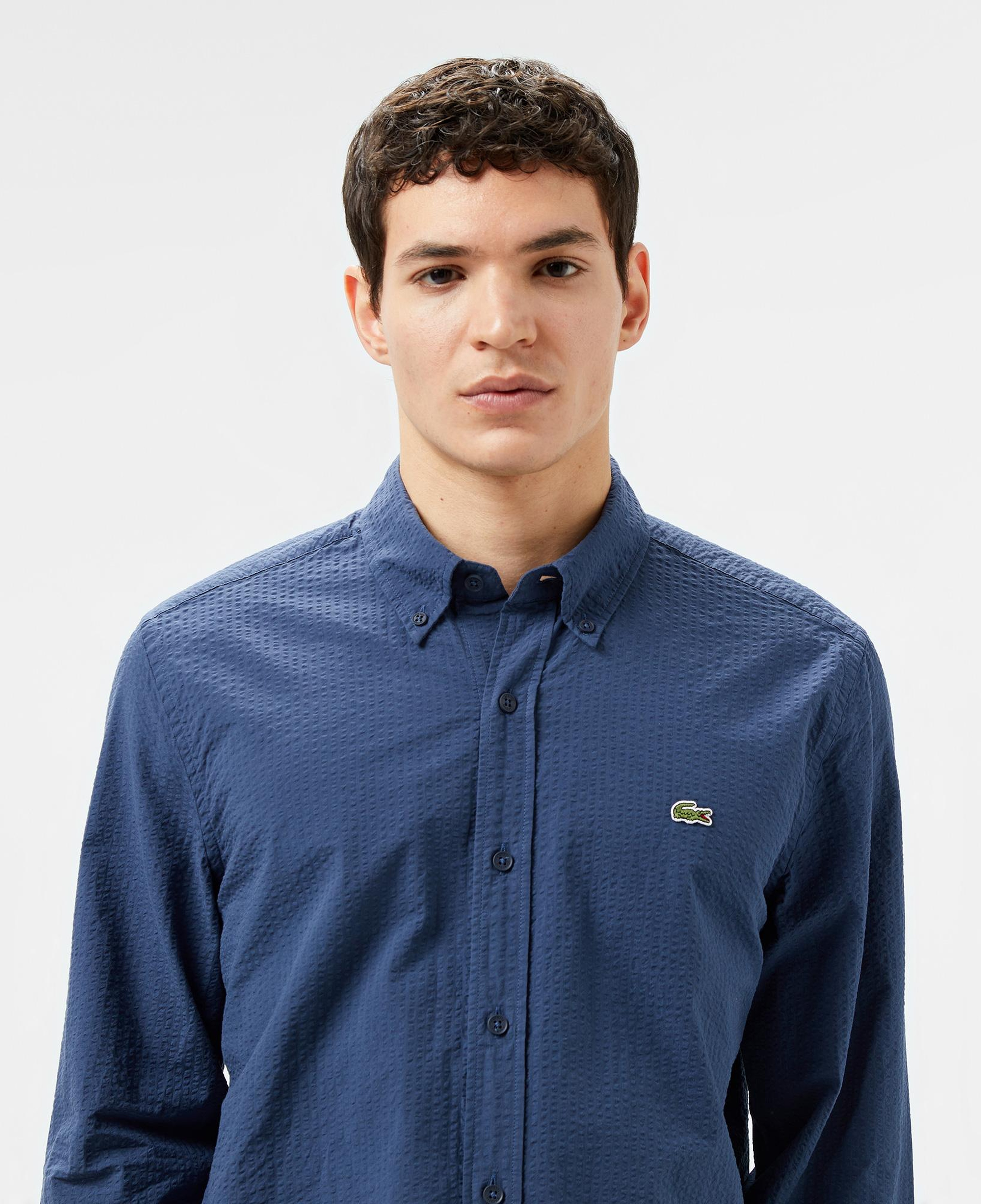Erkek Slim Fit Düğmeli Yaka Lacivert Gömlek