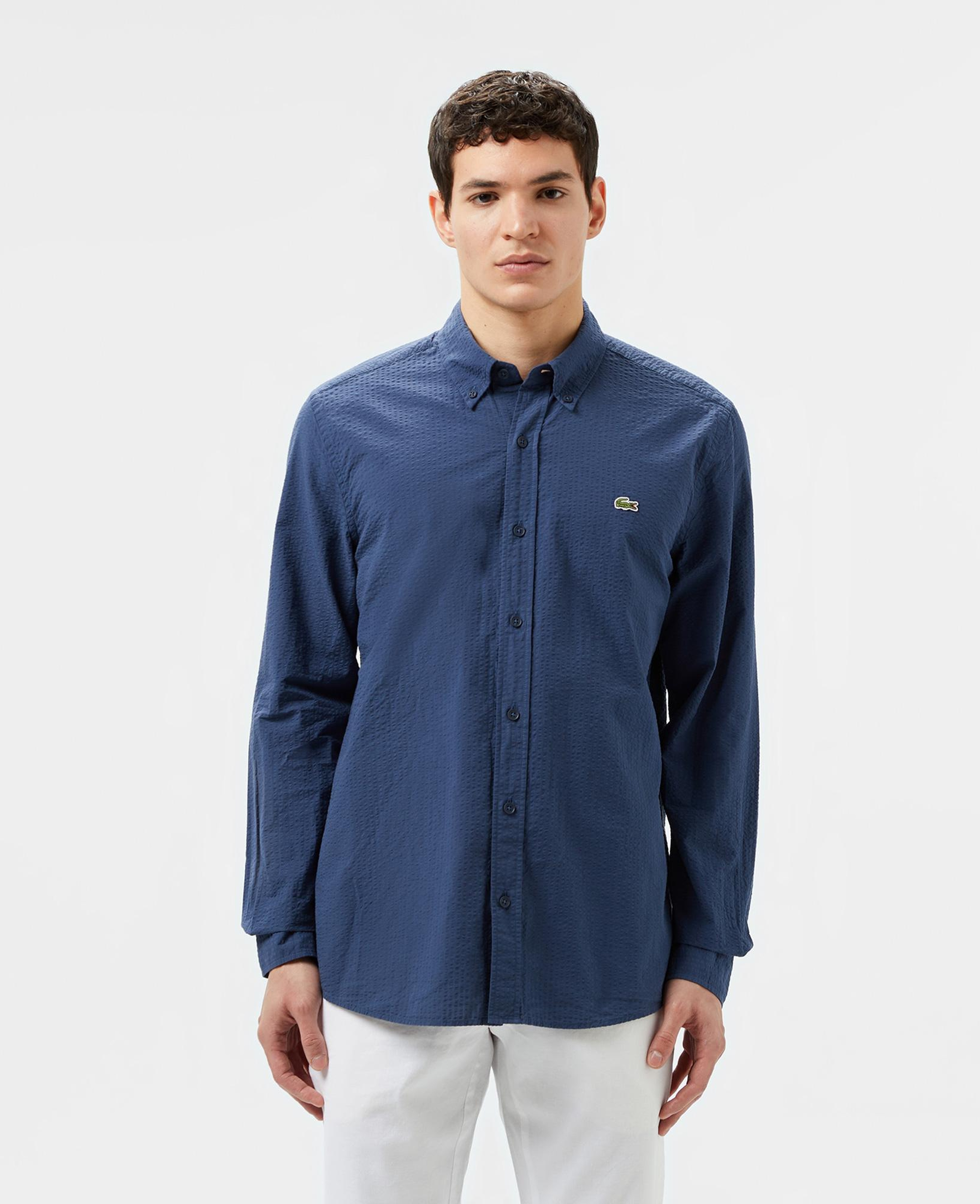 Erkek Slim Fit Düğmeli Yaka Lacivert Gömlek