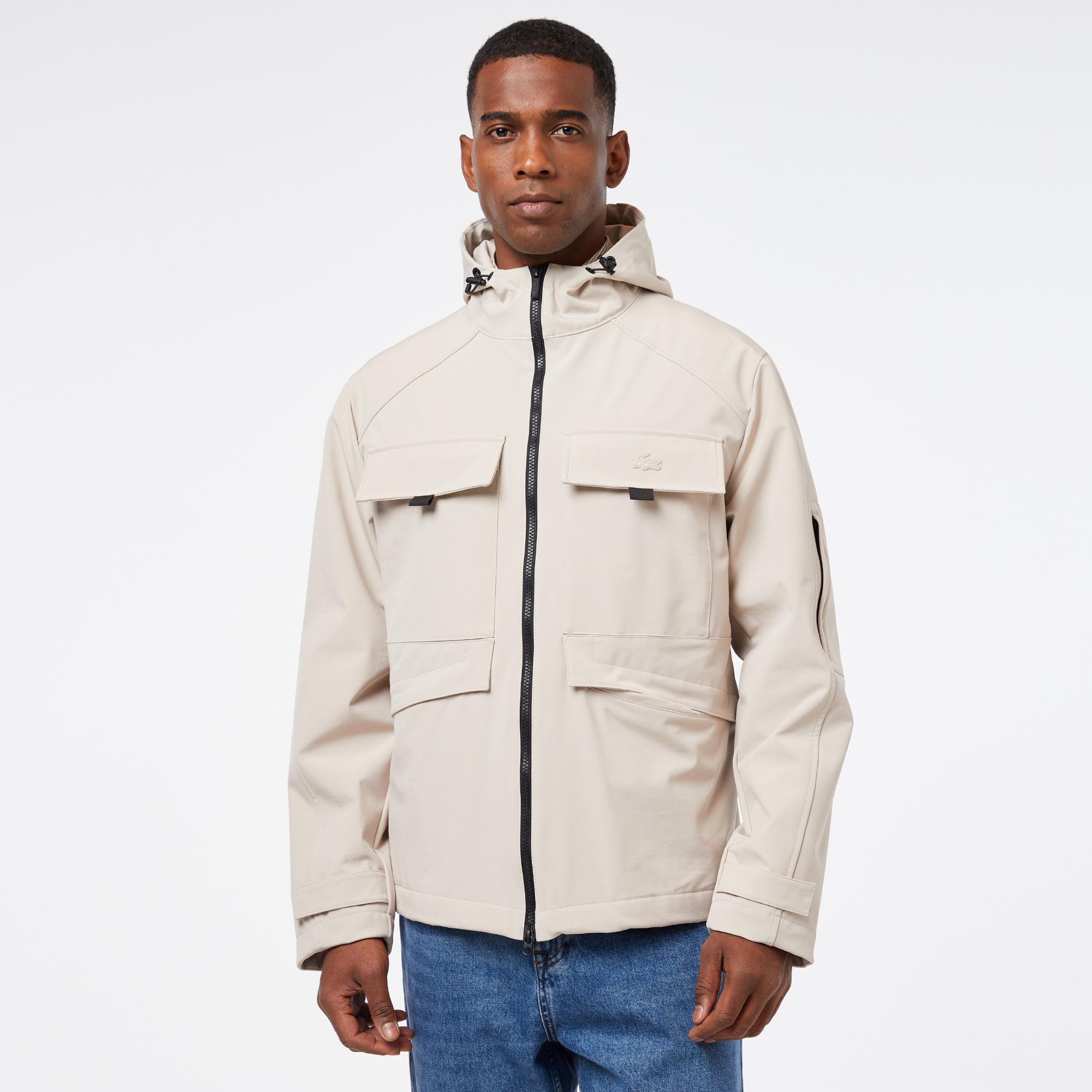 Lacoste Erkek Relaxed Fit Kapüşonlu Baskılı Krem Yağmurluk