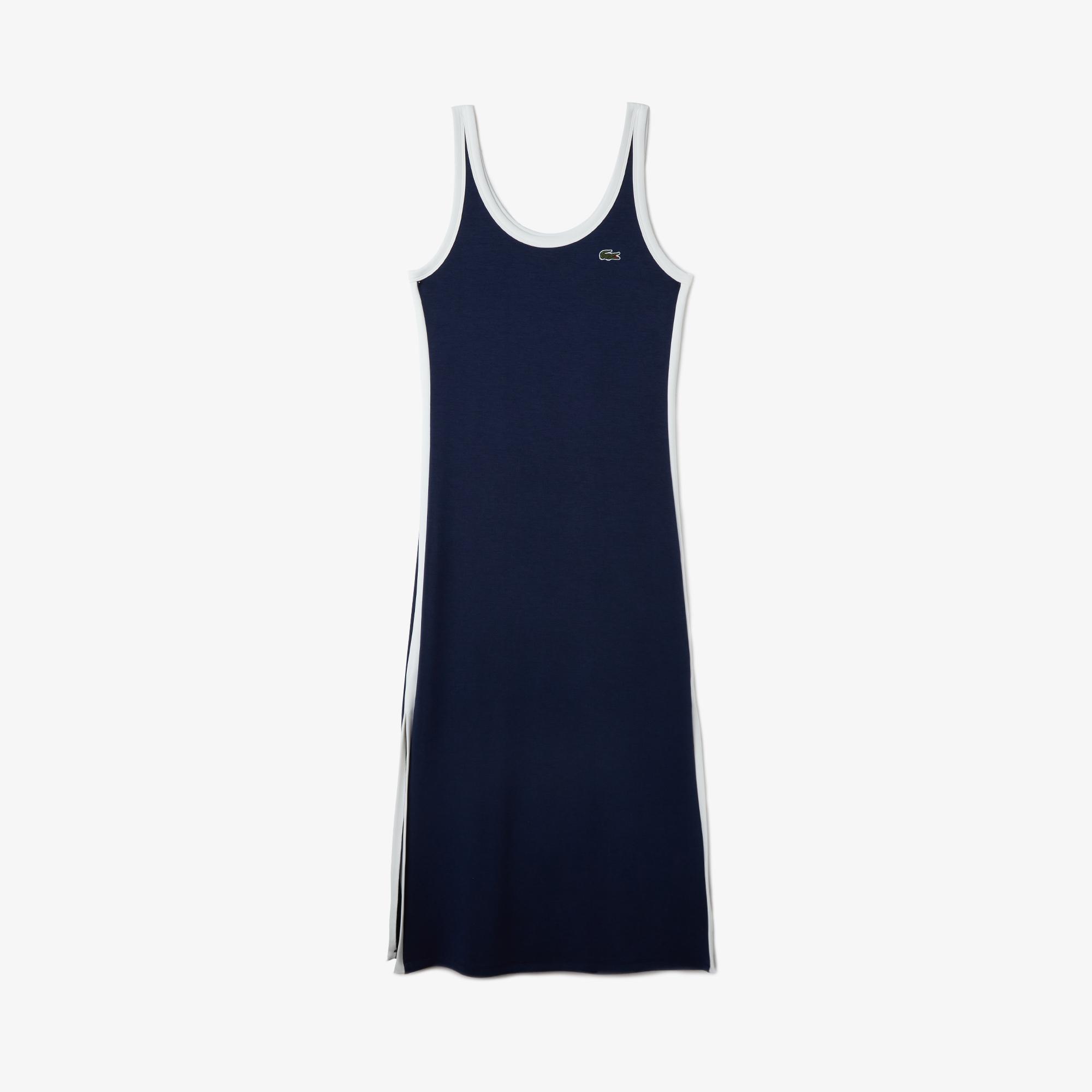 Kadın Slim Fit Kolsuz Bisiklet Yaka Renk Bloklu Lacivert Elbise