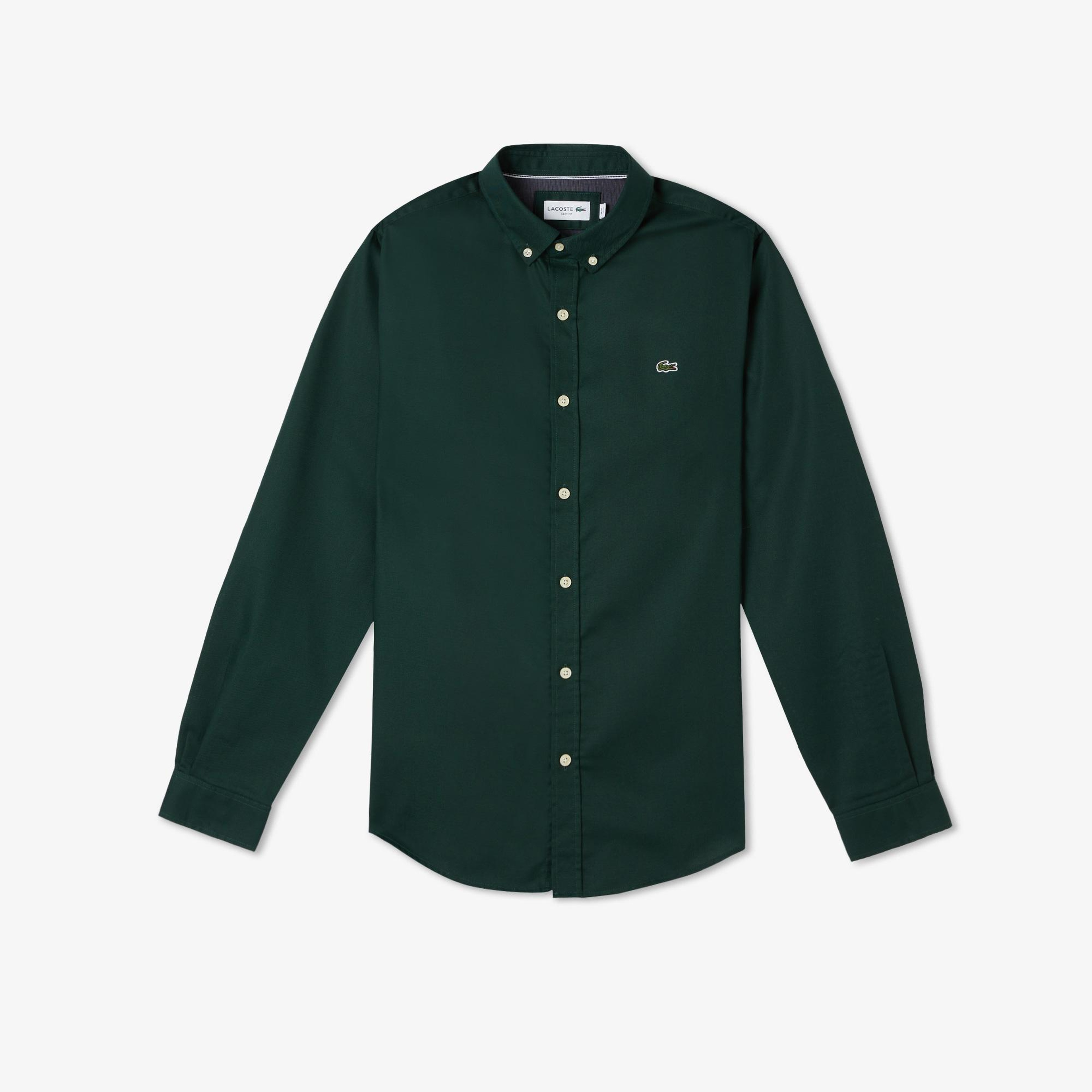 Erkek Slim Fit Düğmeli Yaka Koyu Yeşil Gömlek