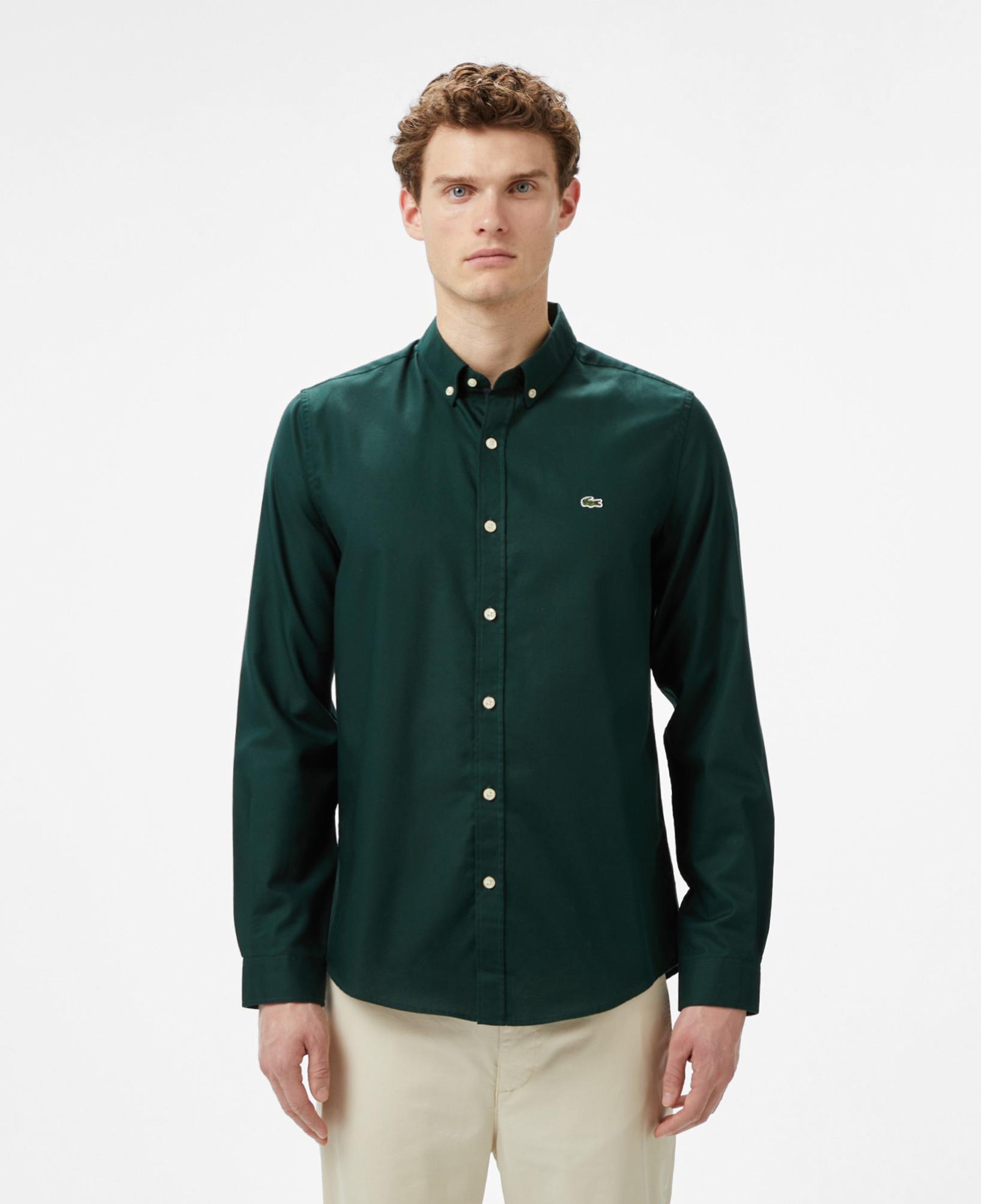 Erkek Slim Fit Düğmeli Yaka Koyu Yeşil Gömlek