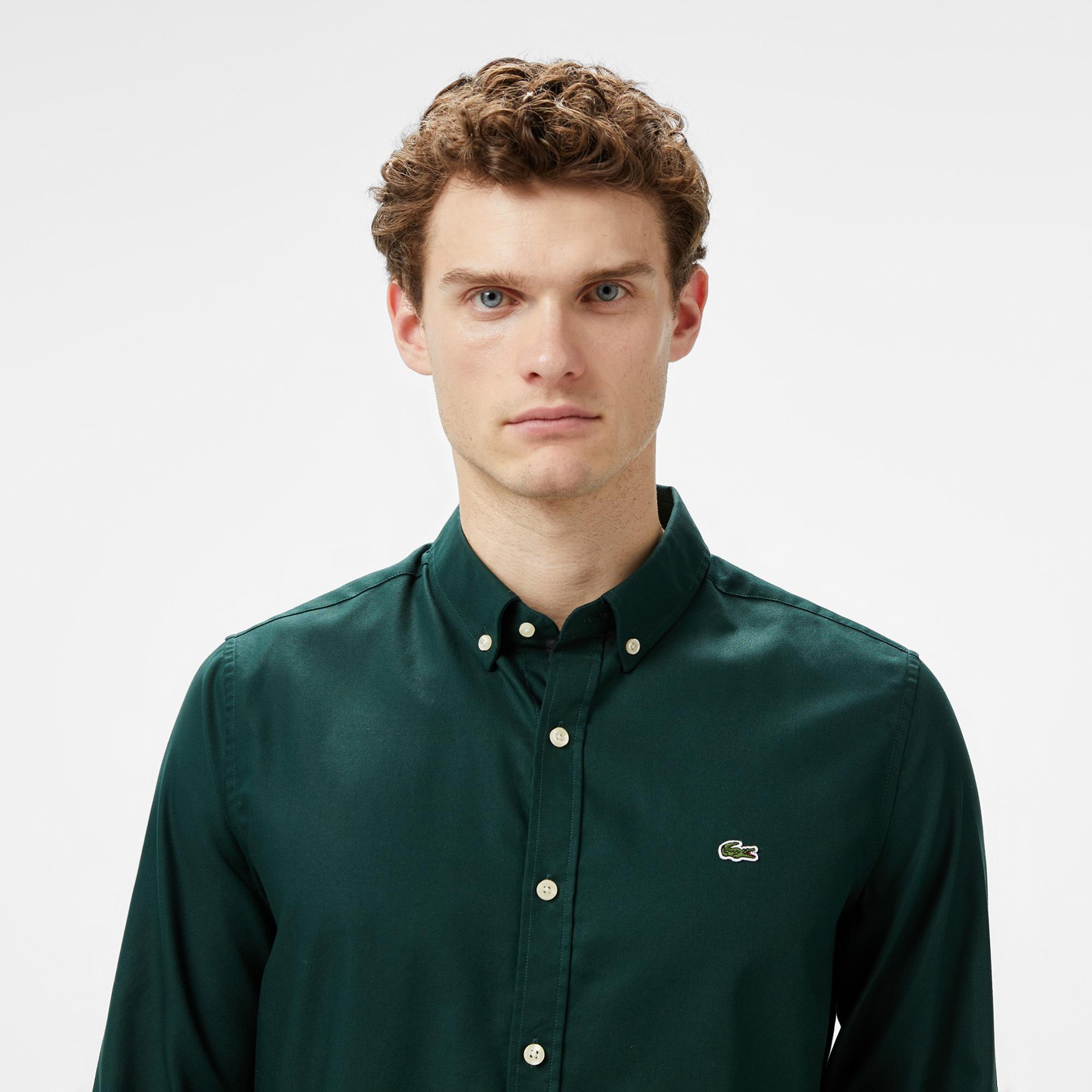 Erkek Slim Fit Düğmeli Yaka Koyu Yeşil Gömlek