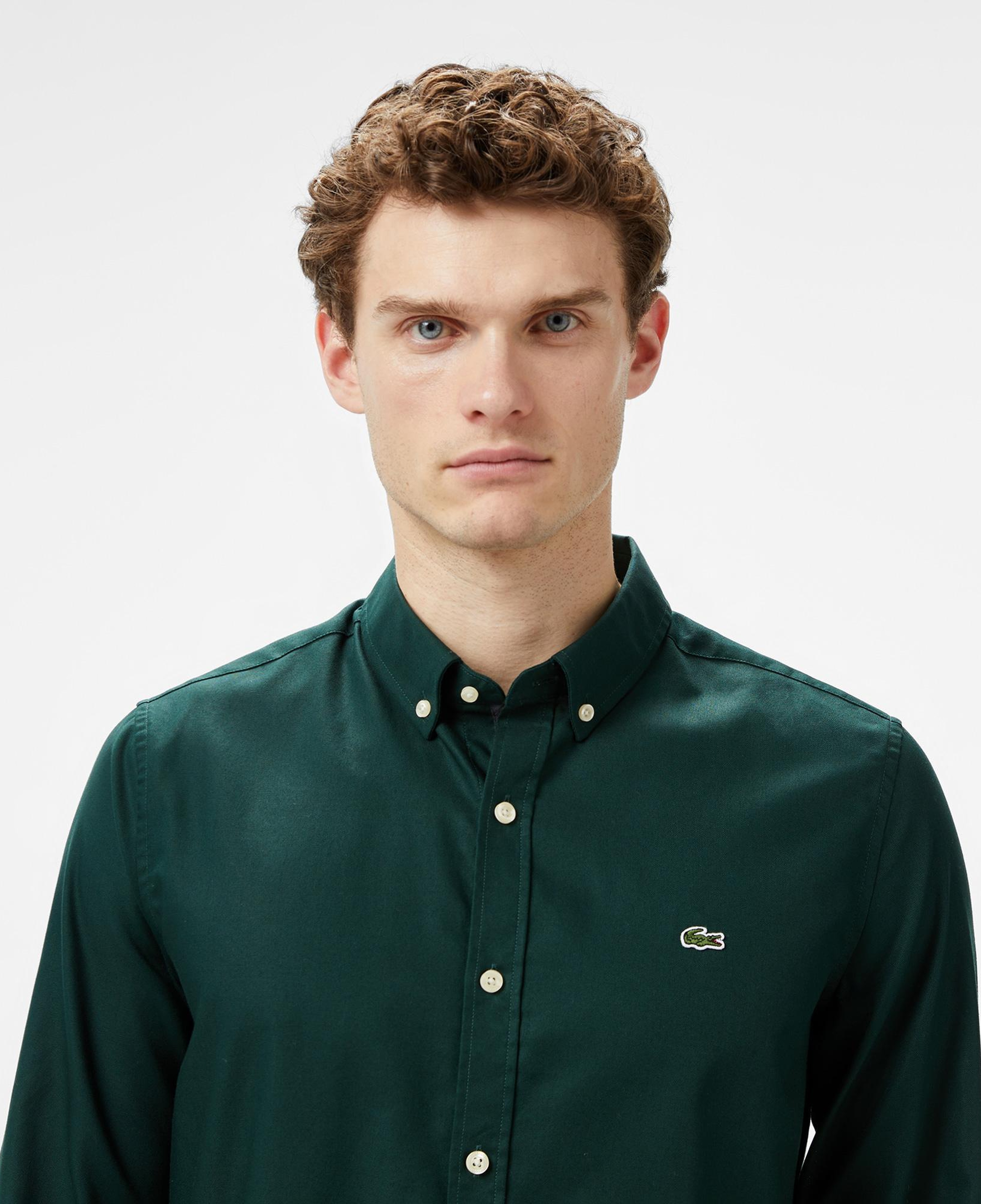 Erkek Slim Fit Düğmeli Yaka Koyu Yeşil Gömlek