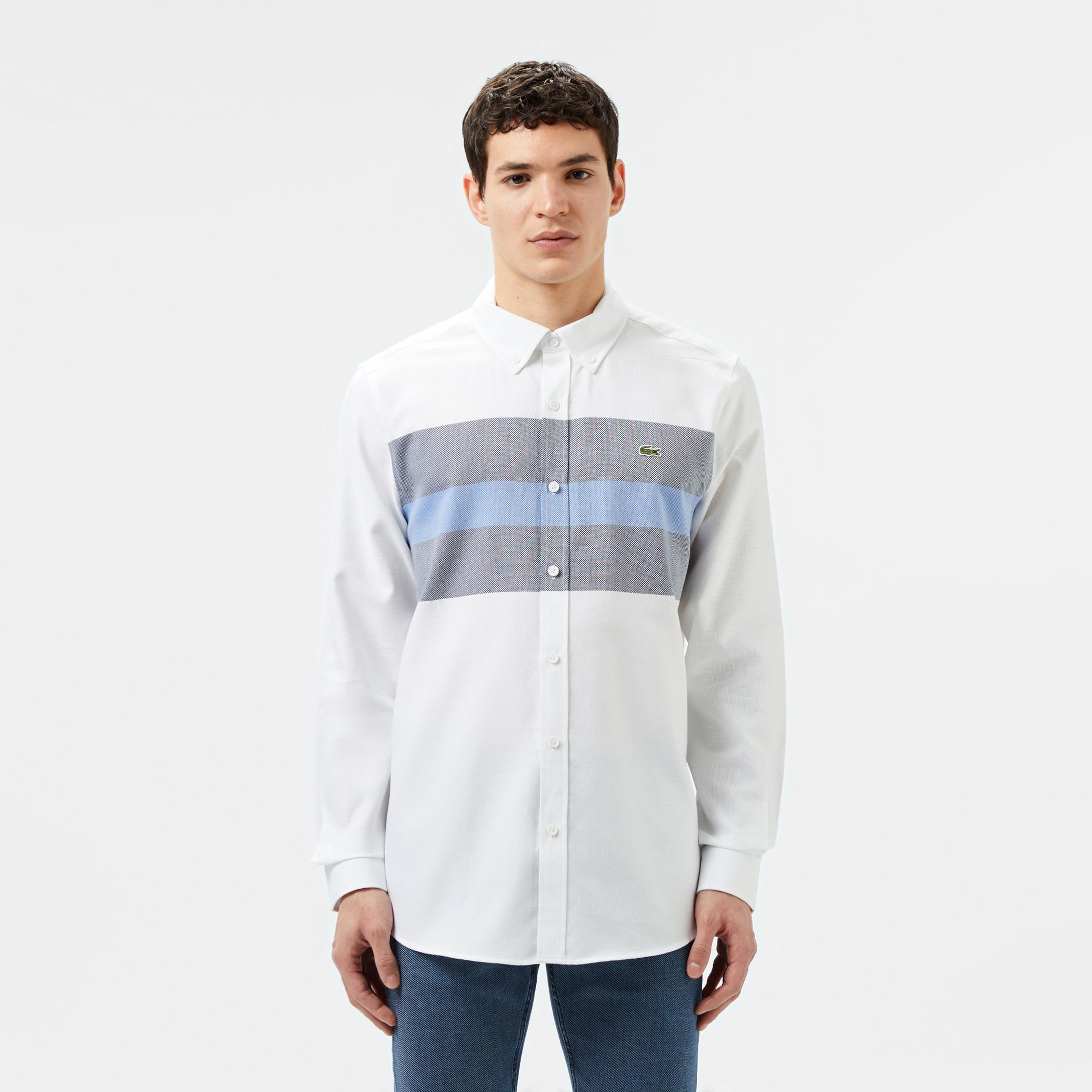 Erkek Slim Fit Renk Bloklu Beyaz Gömlek