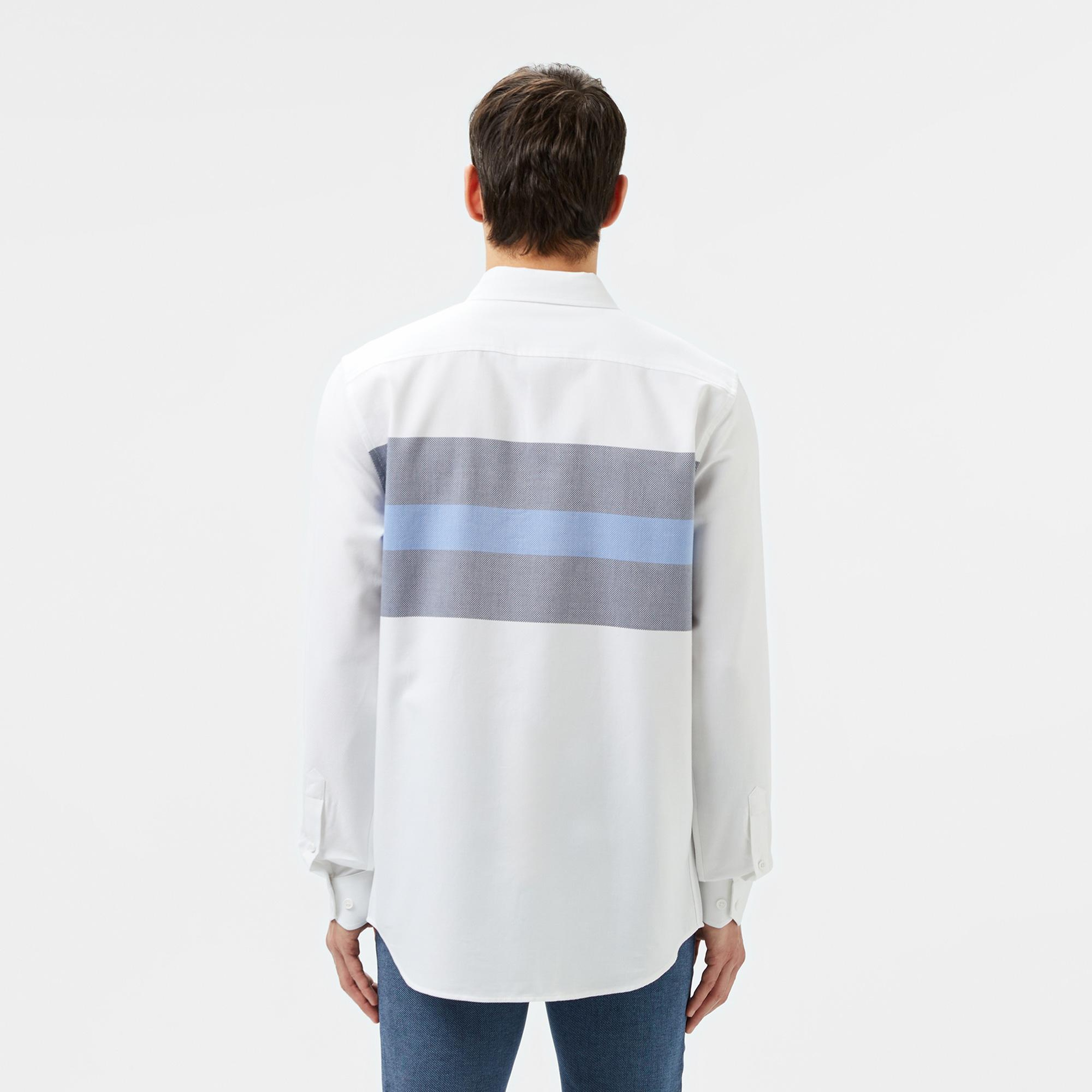 Erkek Slim Fit Renk Bloklu Beyaz Gömlek