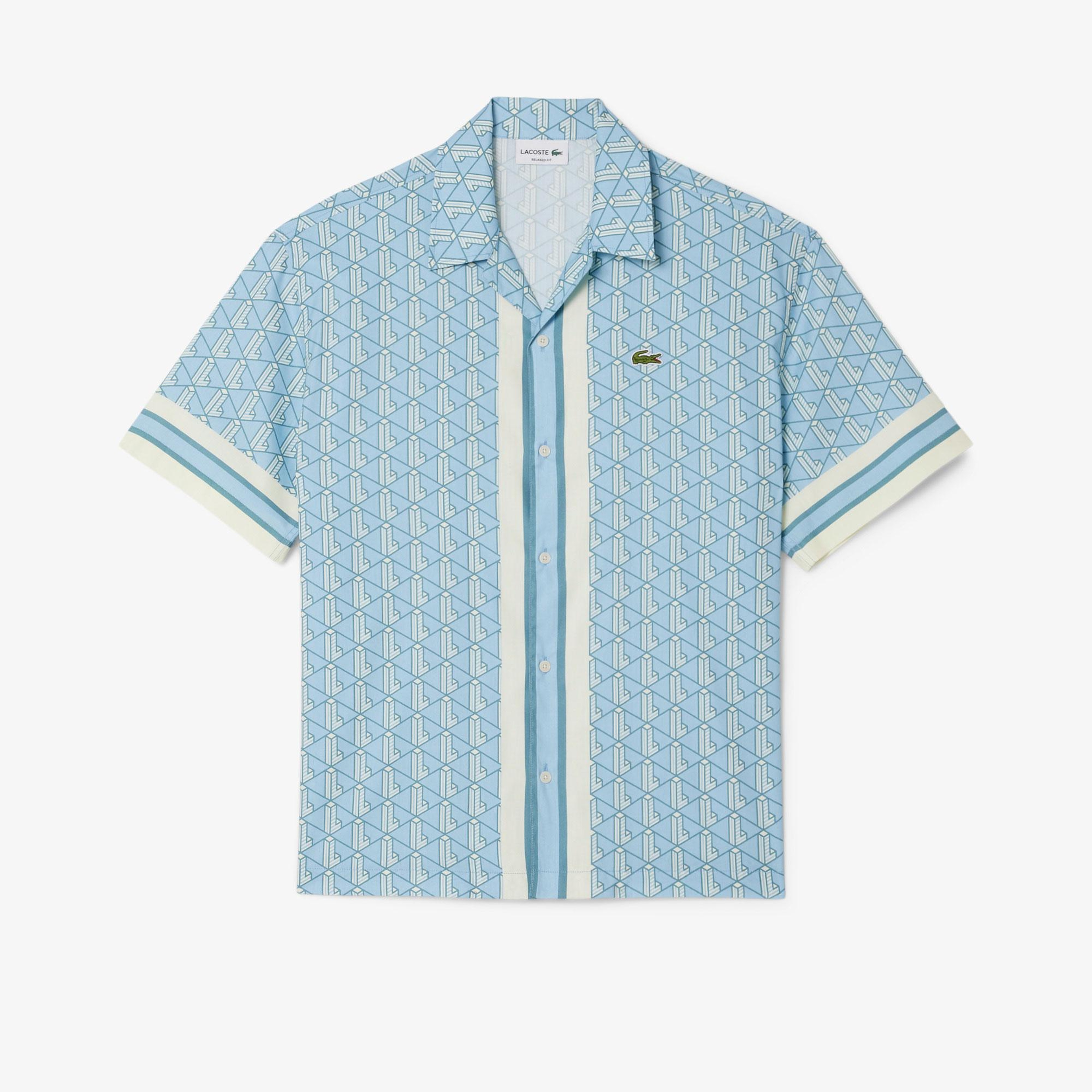 Erkek Relaxed Fit Kısa Kollu Monogram Mavi Gömlek