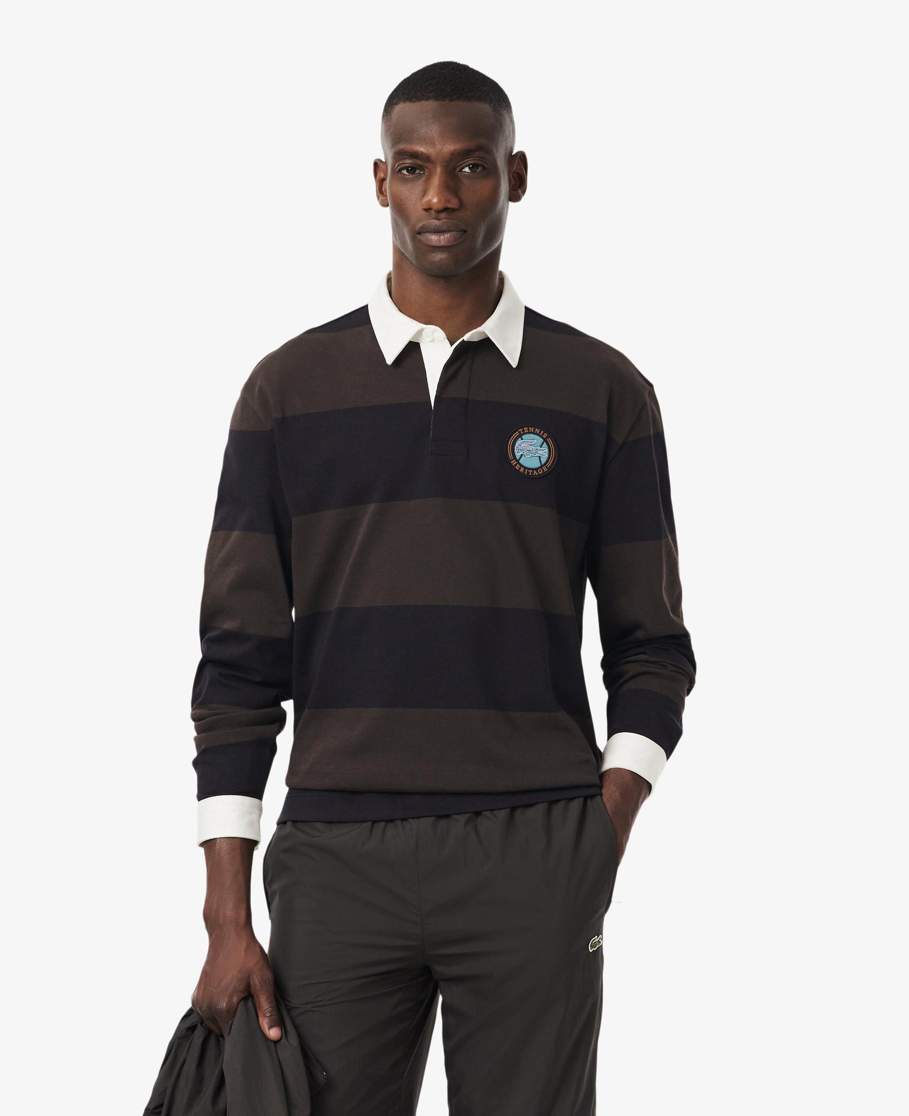 Erkek Relaxed Fit Çizgili Kahverengi Rugby Polo