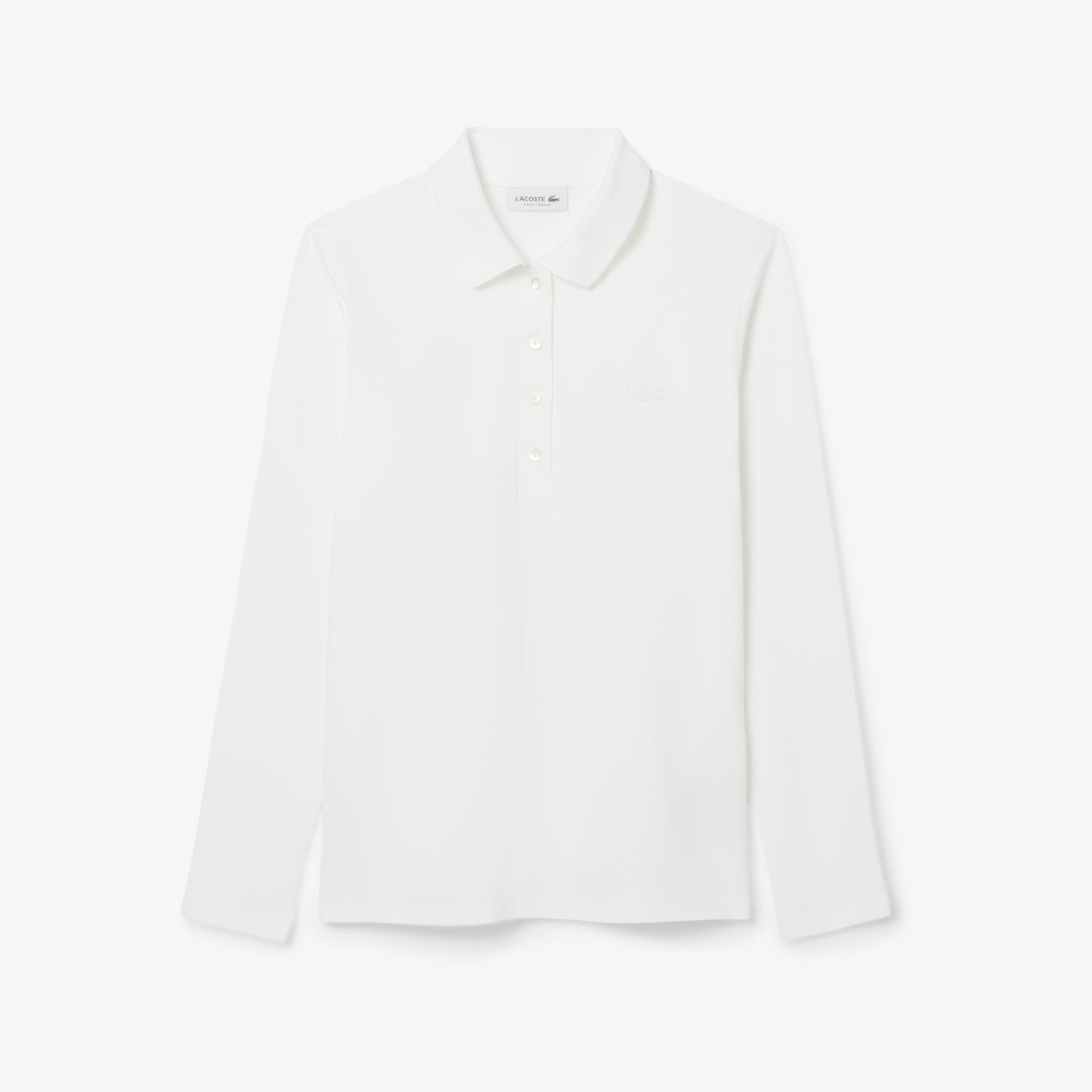Kadın Slim Fit Uzun Kollu Beyaz Polo