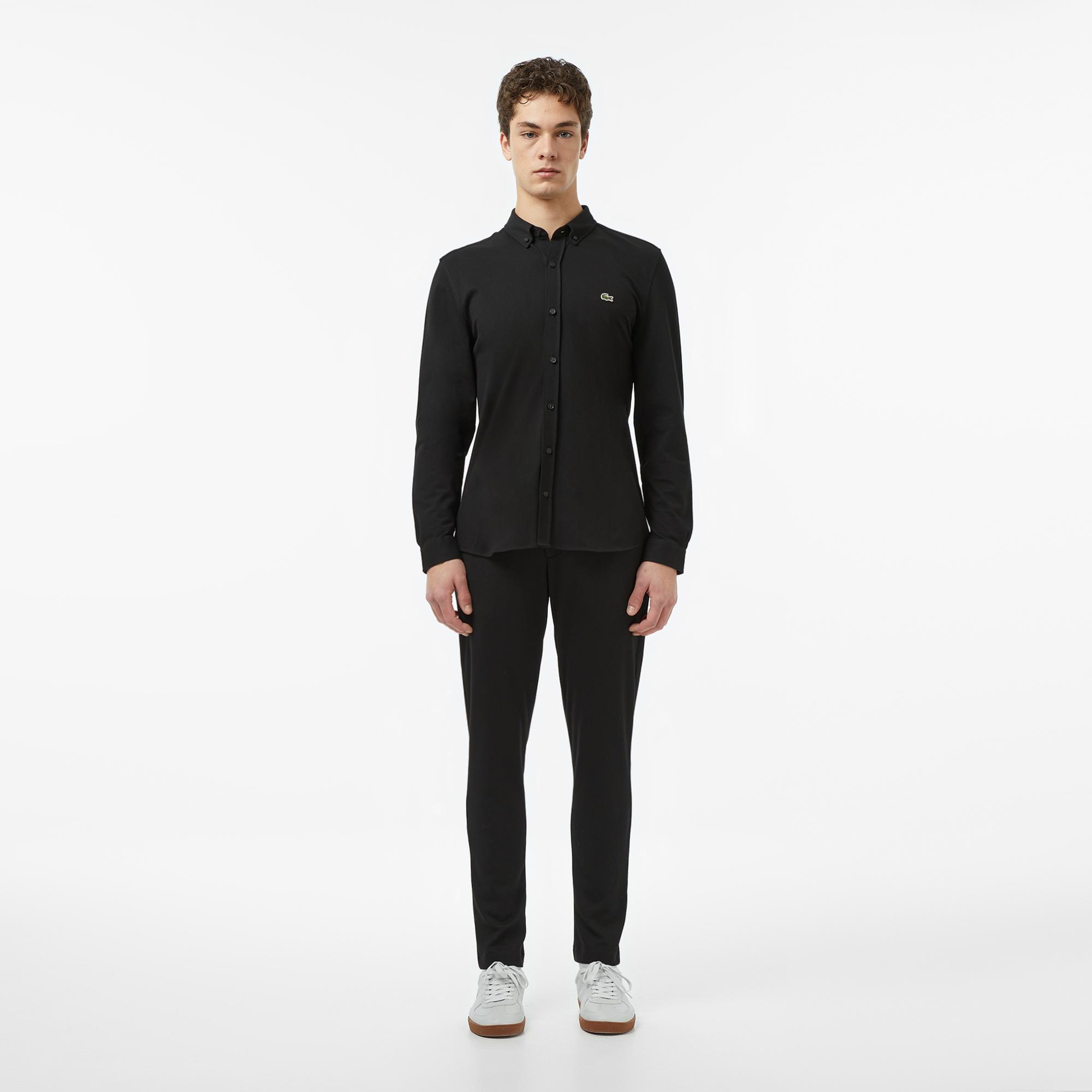 Erkek Slim Fit Düğmeli Yaka Siyah Gömlek