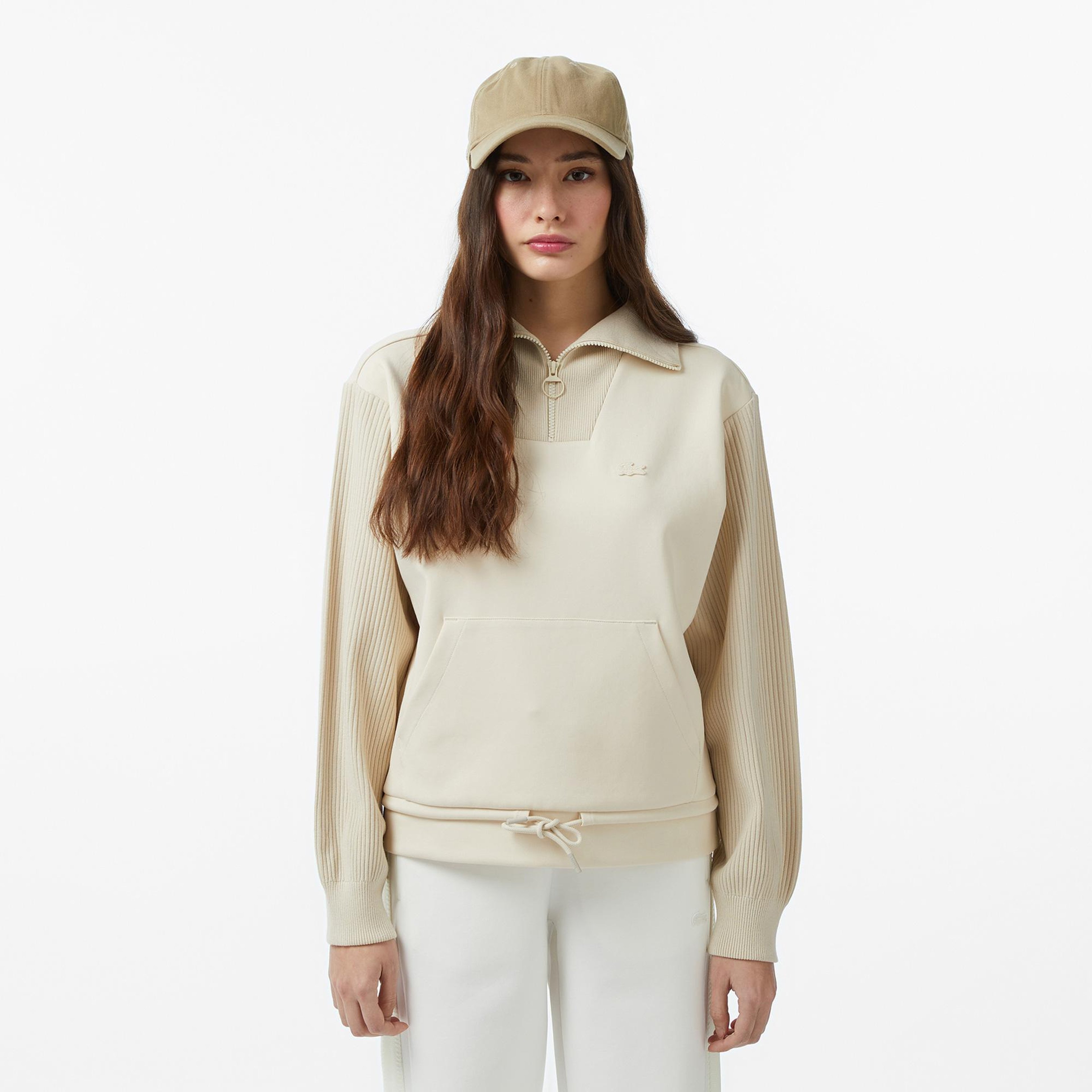 Kadın Relaxed Fit Yarım Fermuarlı Krem Sweatshirt