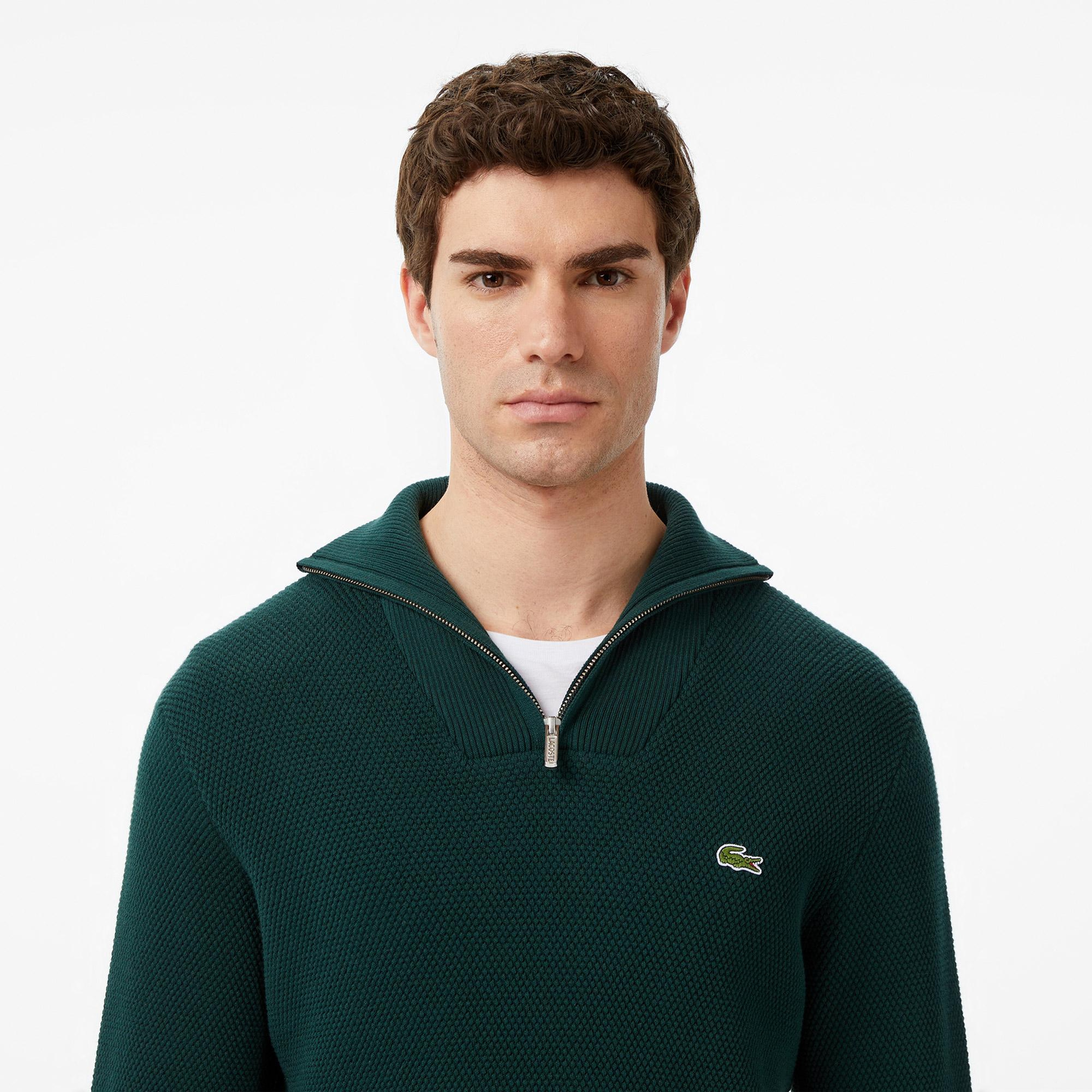 Erkek Classic Fit Yarım Fermuarlı Yeşil Kazak