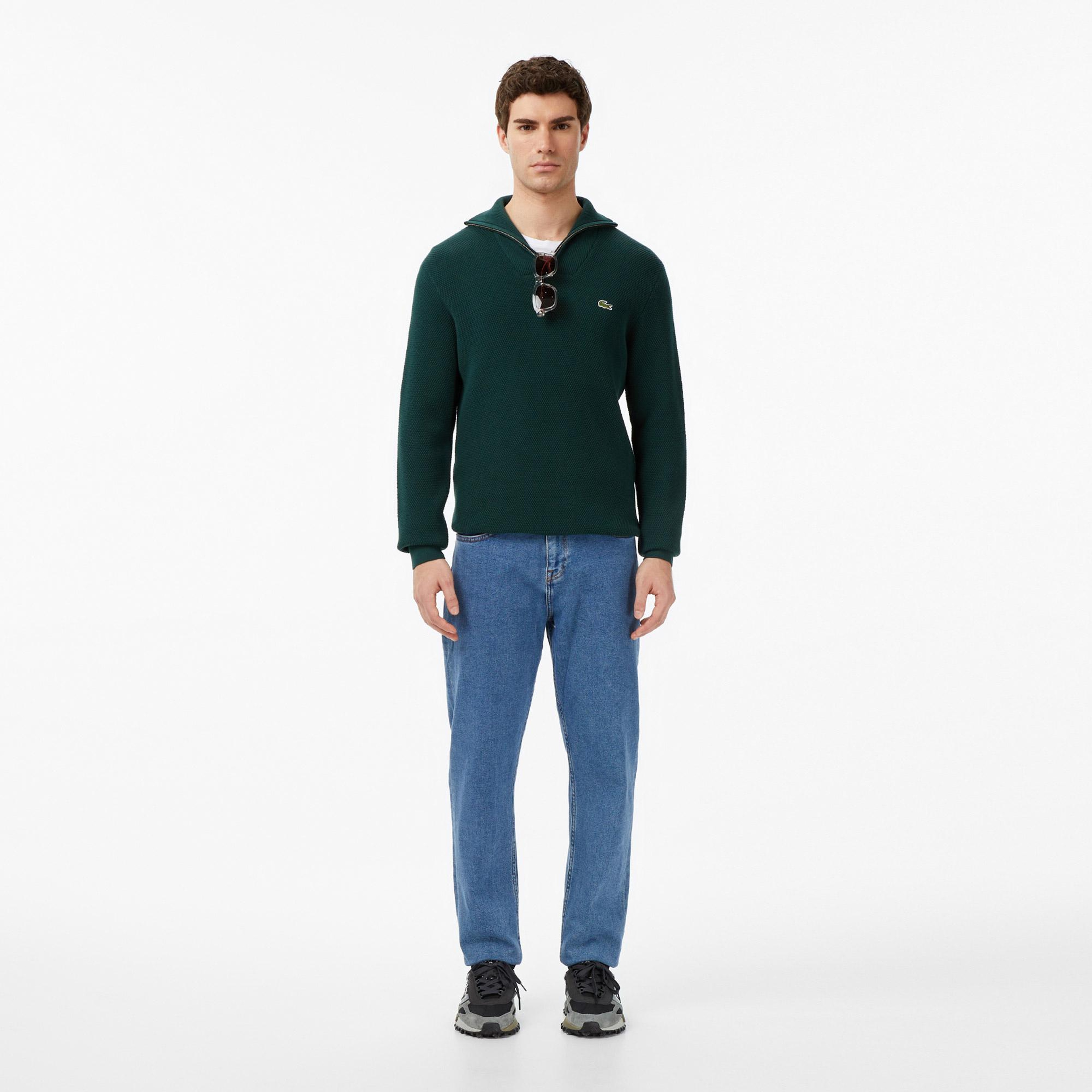 Erkek Classic Fit Yarım Fermuarlı Yeşil Kazak
