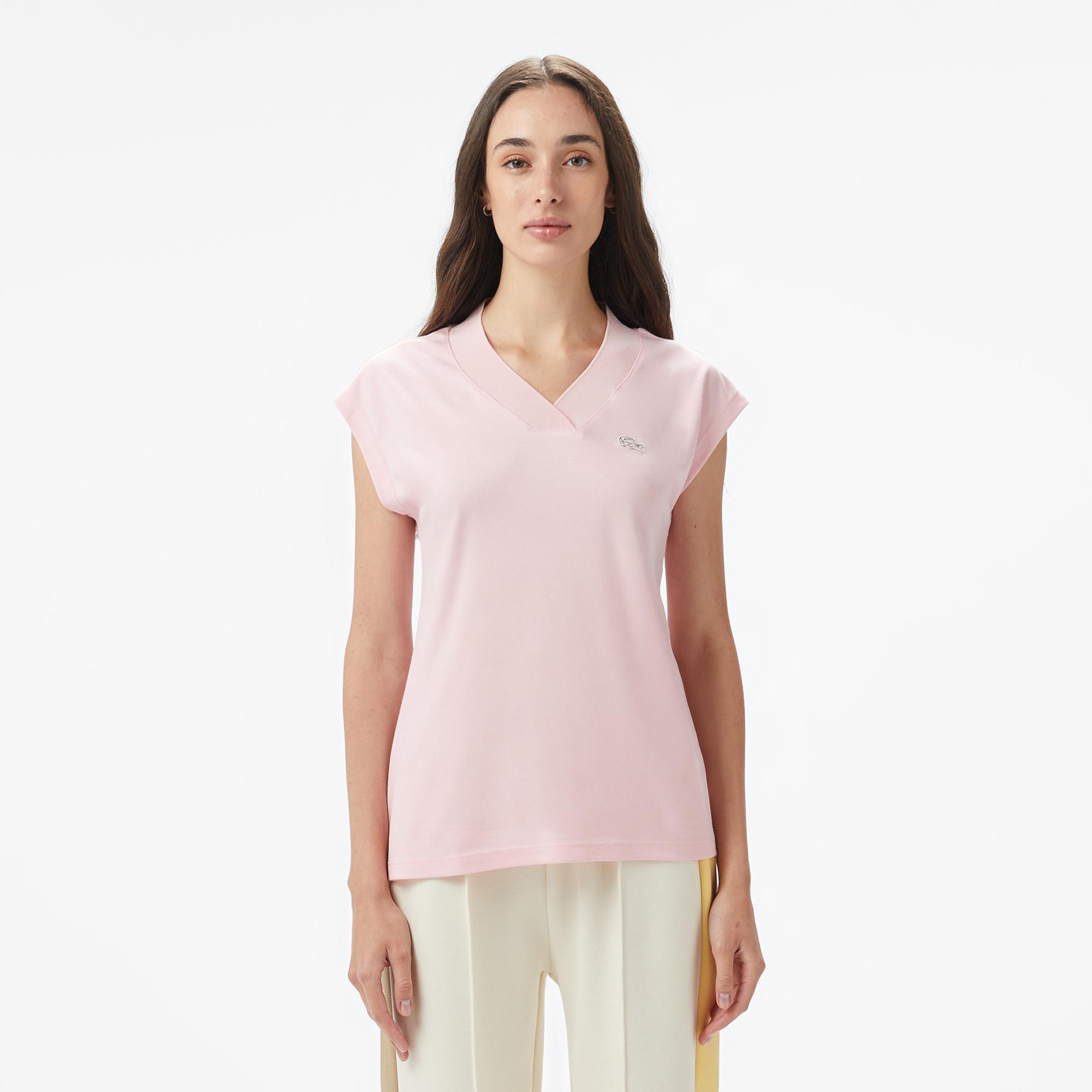 Kadın Slim Fit Kolsuz V Yaka Açık Pembe Bluz