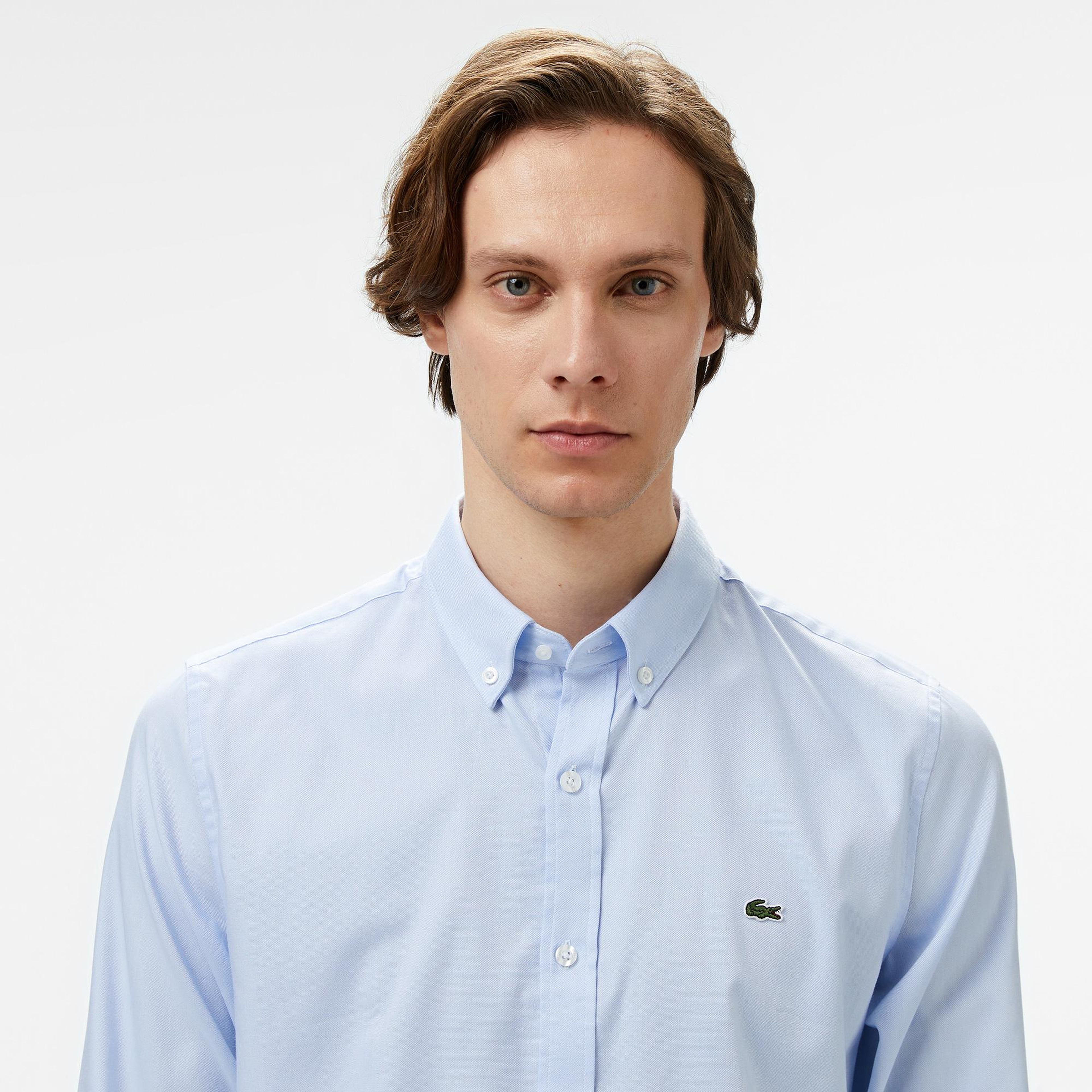Erkek Slim Fit Düğmeli Yaka Açık Mavi Gömlek