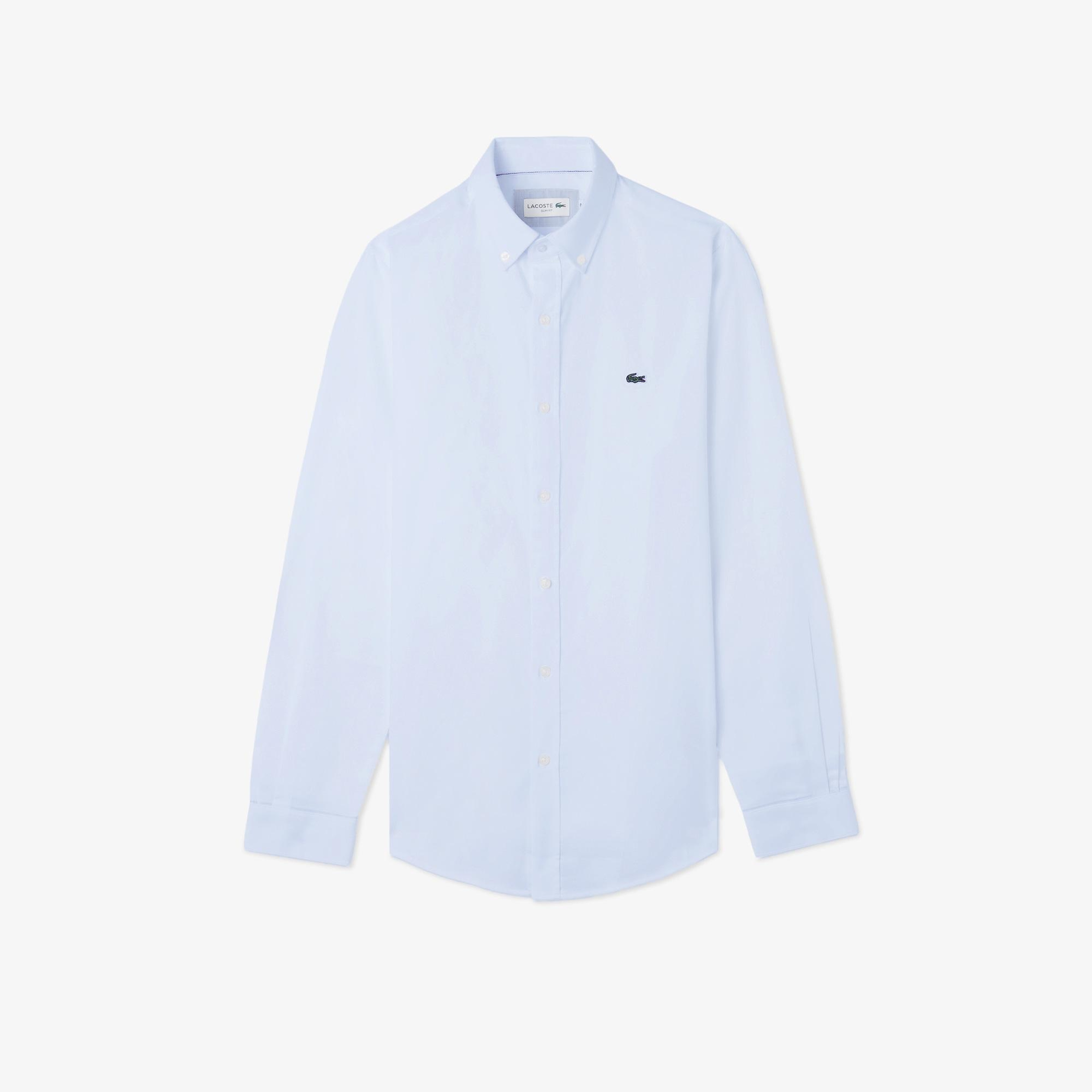 Erkek Slim Fit Düğmeli Yaka Açık Mavi Gömlek