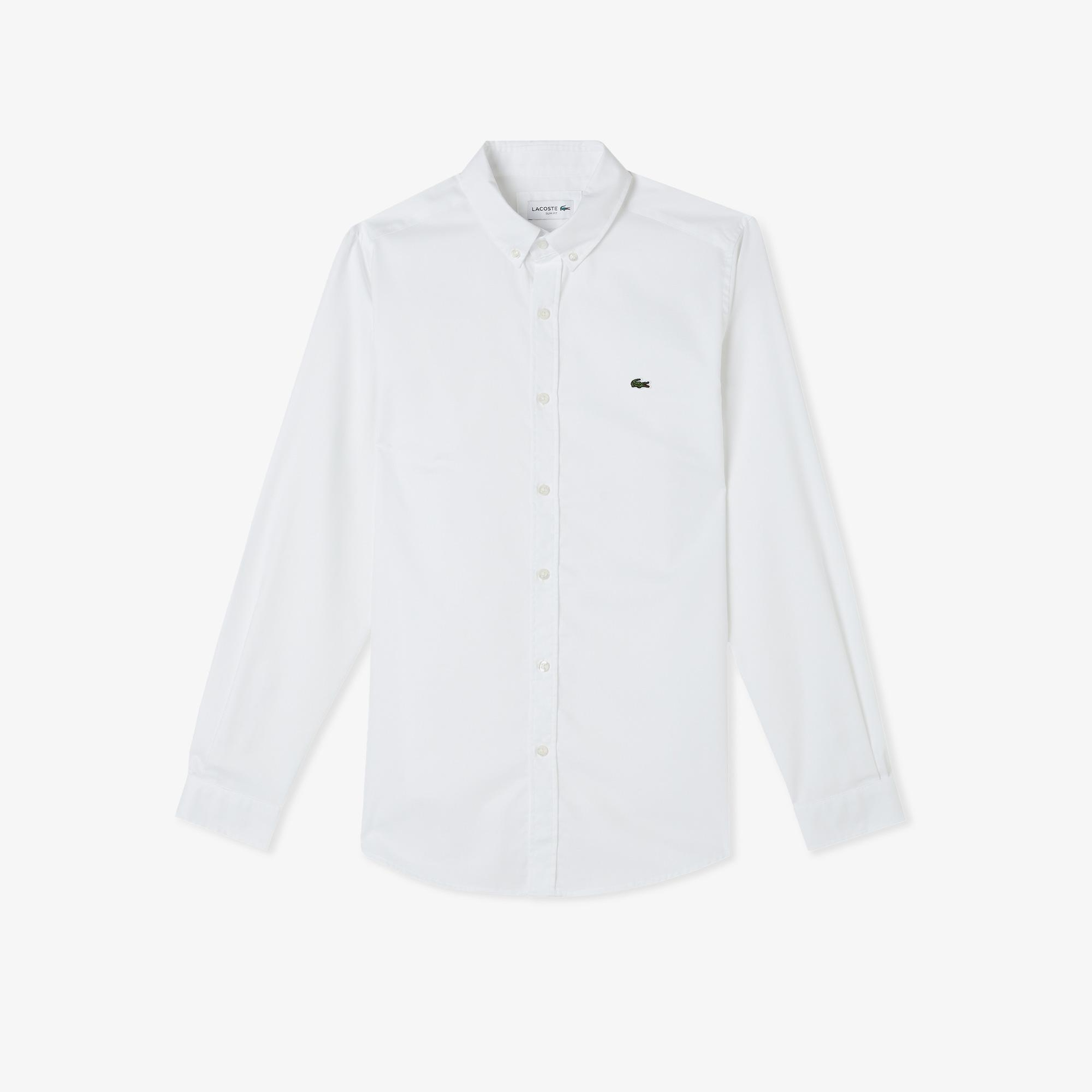 Erkek Slim Fit Düğmeli Yaka Beyaz Gömlek
