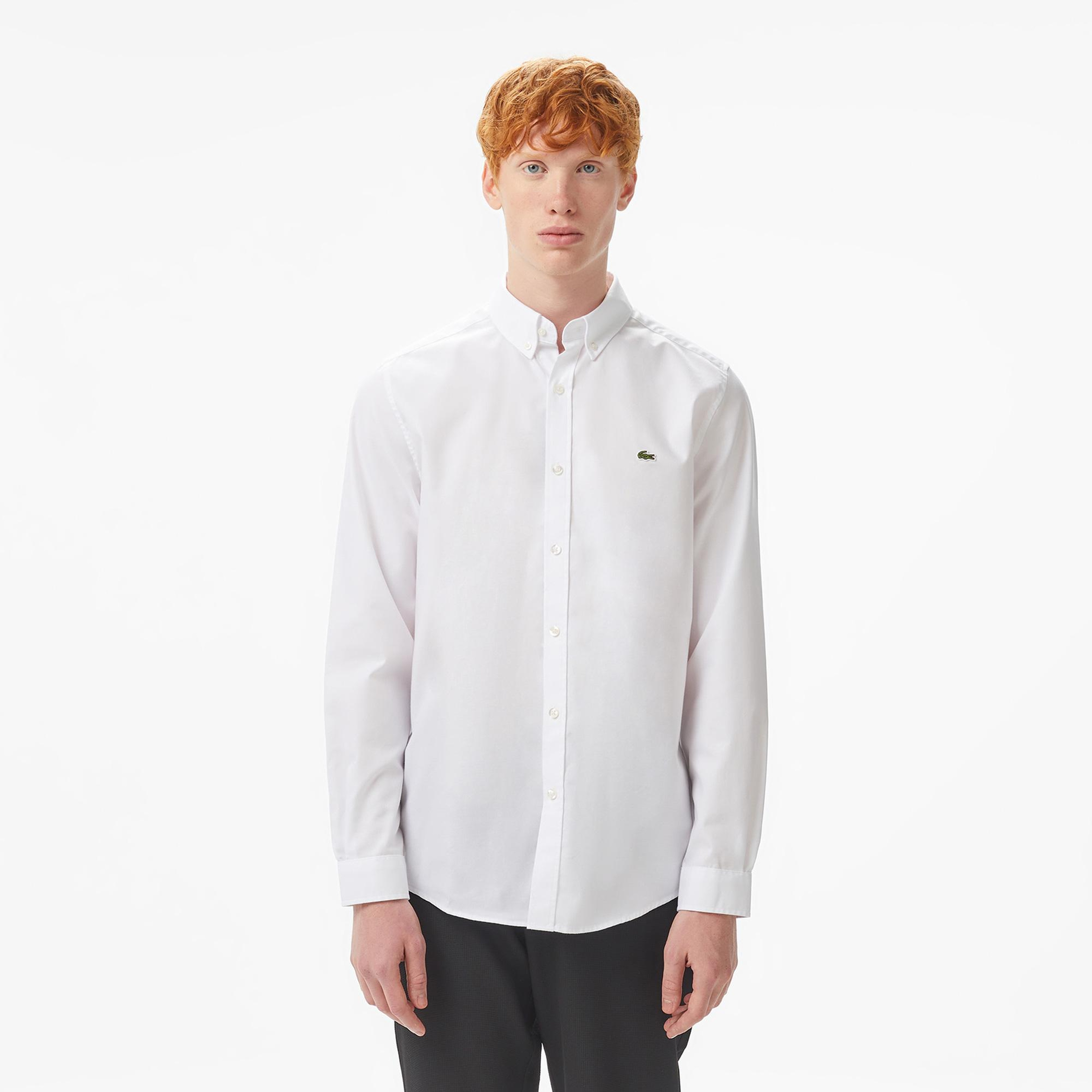 Erkek Slim Fit Düğmeli Yaka Beyaz Gömlek