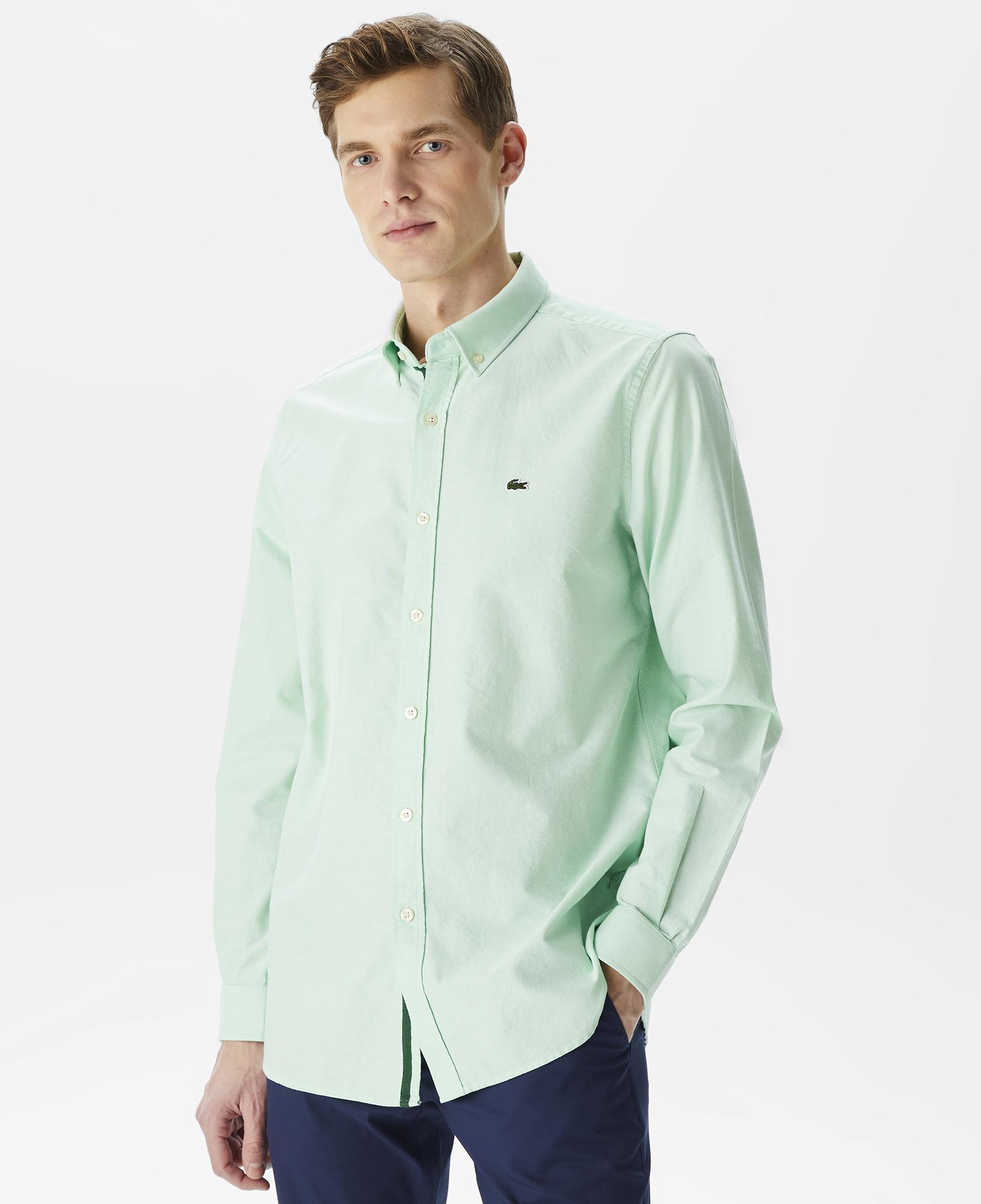 Erkek Slim Fit Düğmeli Yaka Açık Yeşil Gömlek