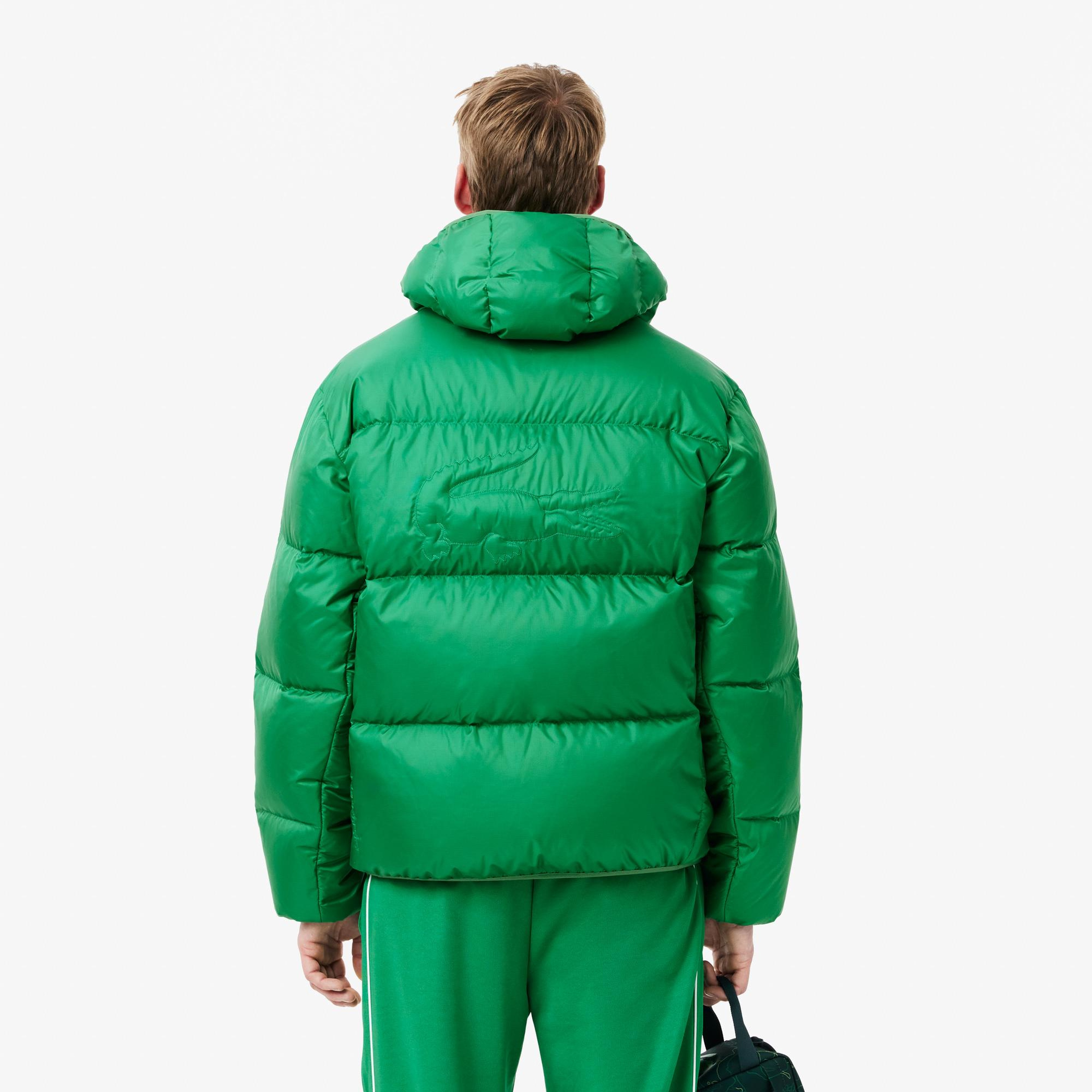 Erkek Relaxed Fit Kapüşonlu Yeşil Şişme Mont