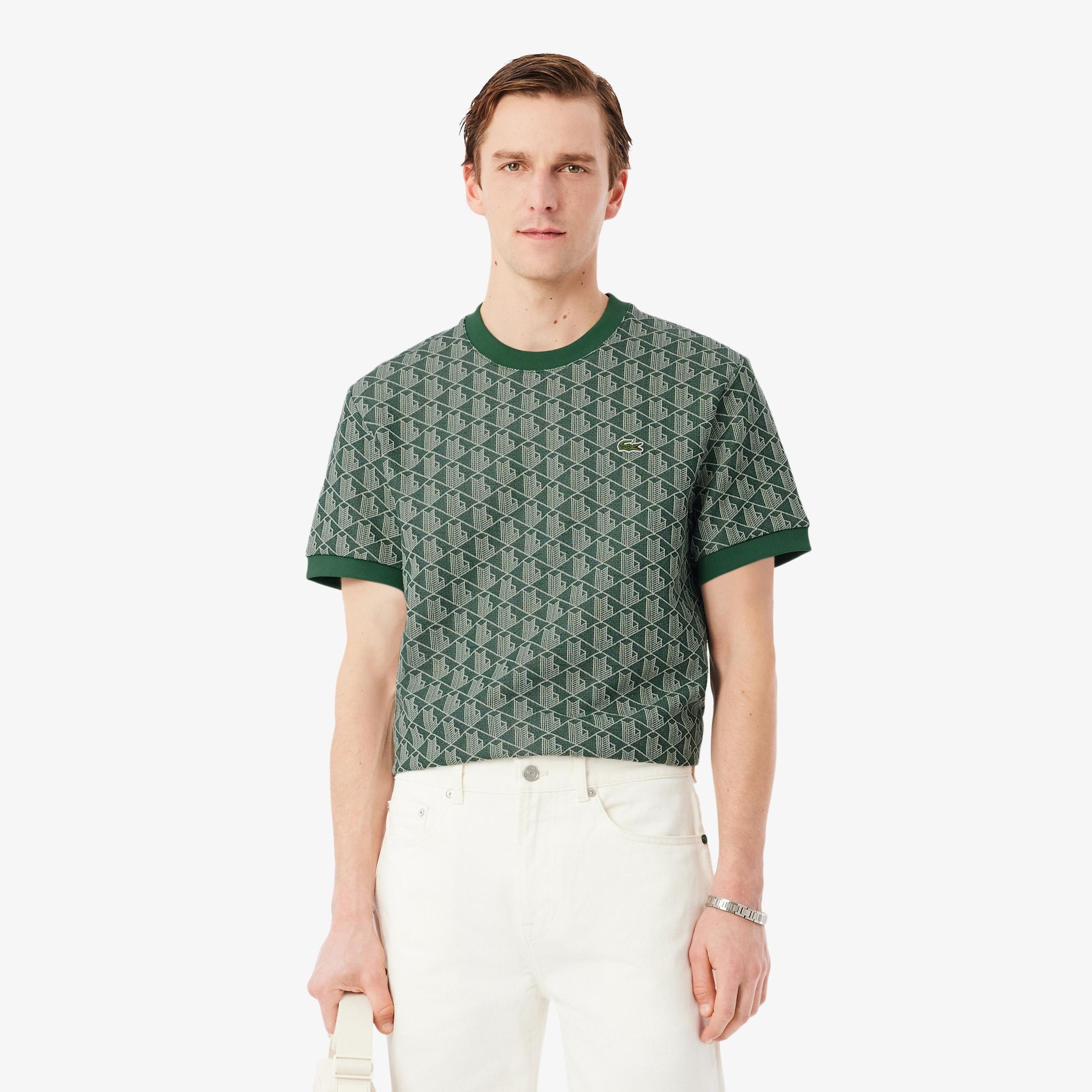 Erkek Classic Fit Bisiklet Yaka Monogram Koyu Yeşil T-Shirt
