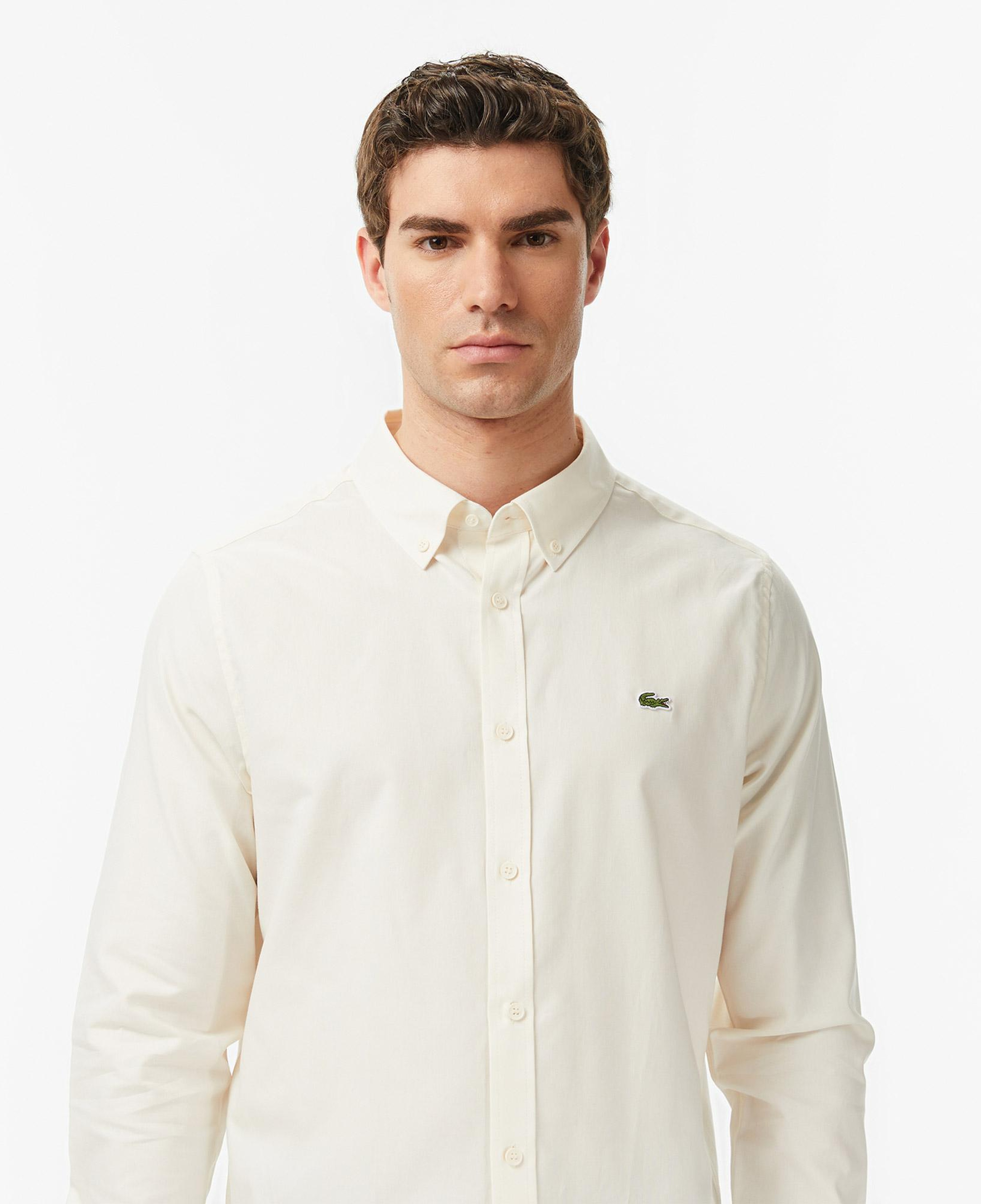 Erkek Slim Fit Düğmeli Yaka Bej Gömlek