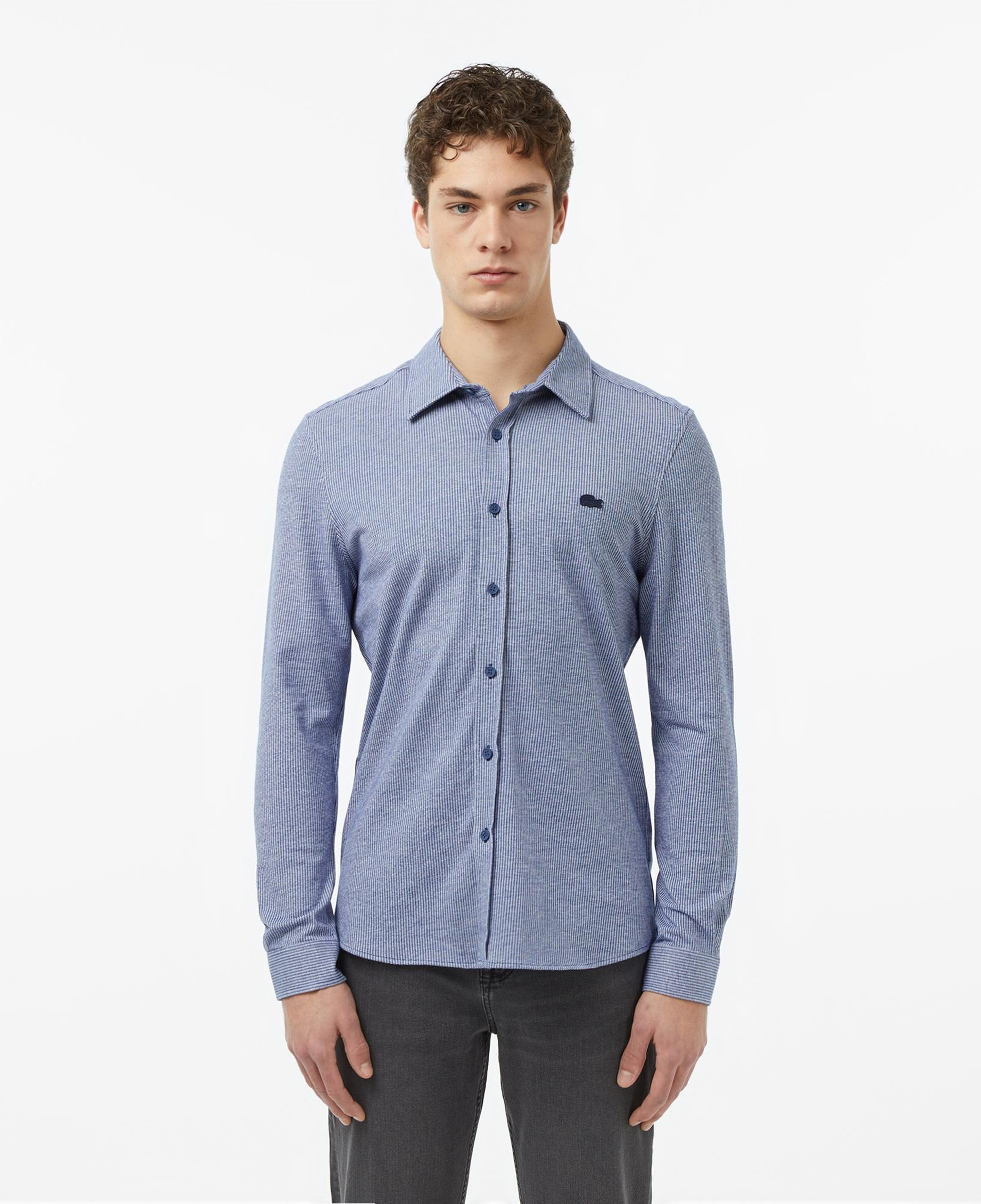 Erkek Slim Fit Düğmeli Yaka Koyu Mavi Gömlek