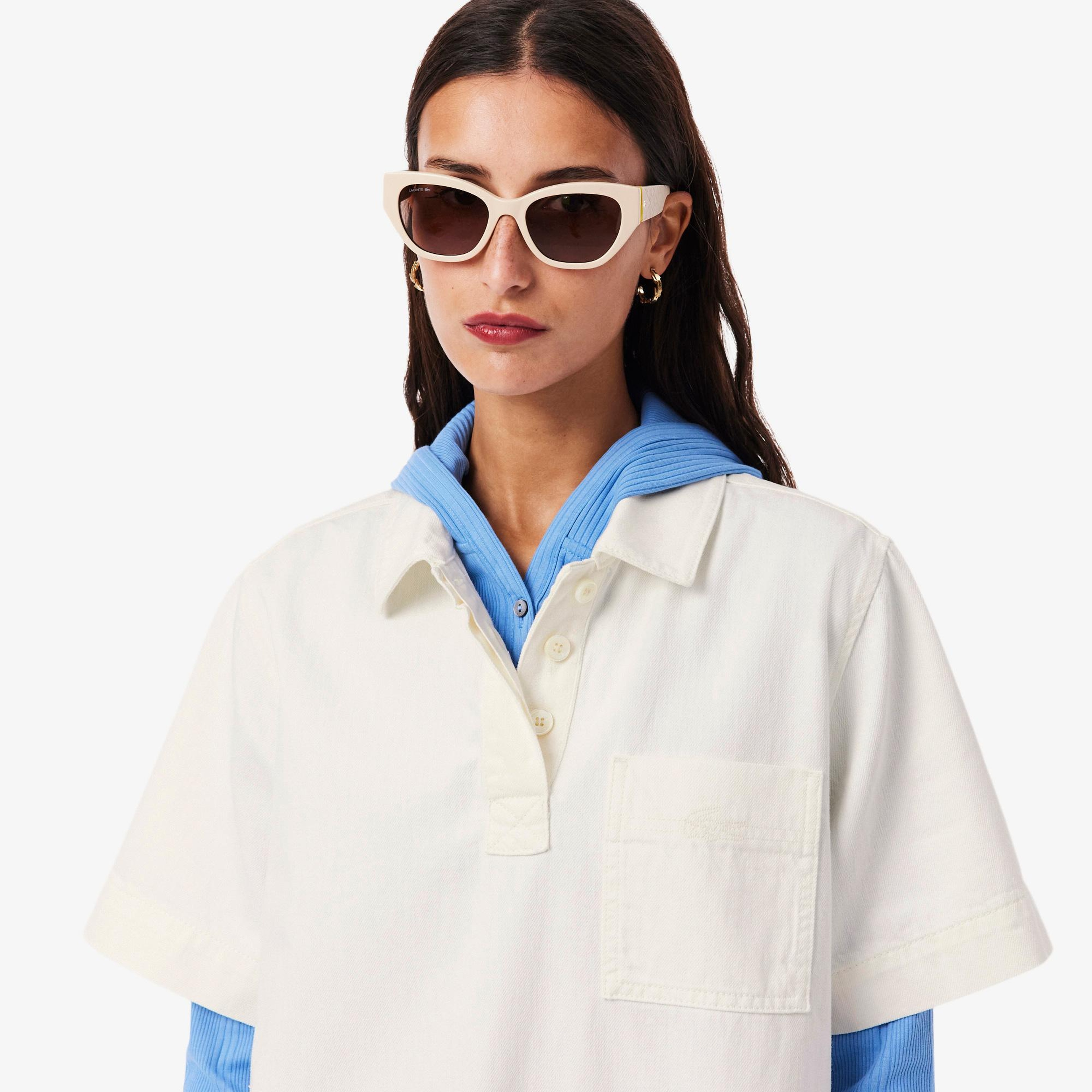 Kadın Oversize Fit Kısa Kollu Polo Yaka Denim Beyaz Elbise