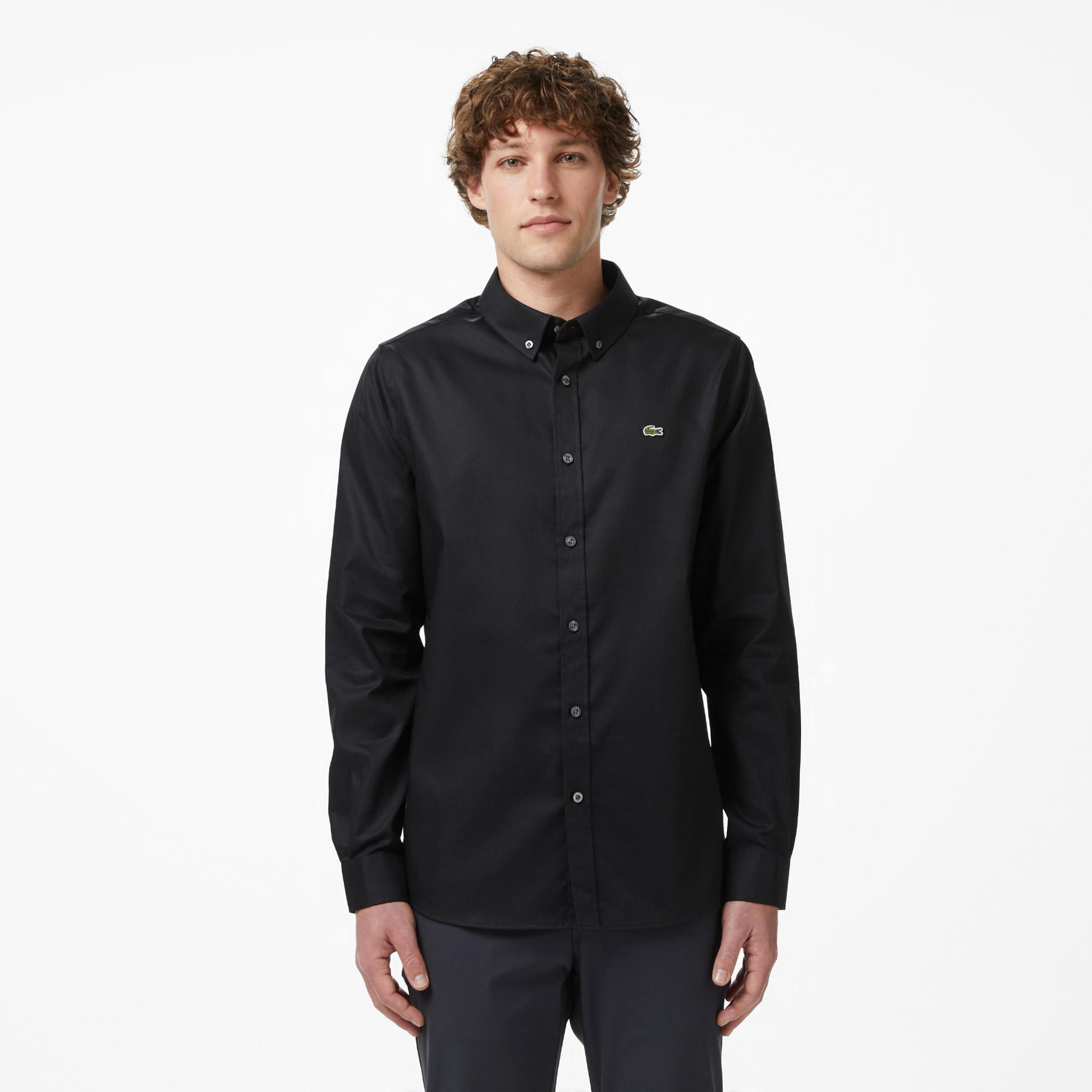 Erkek Slim Fit Düğmeli Yaka Siyah Gömlek