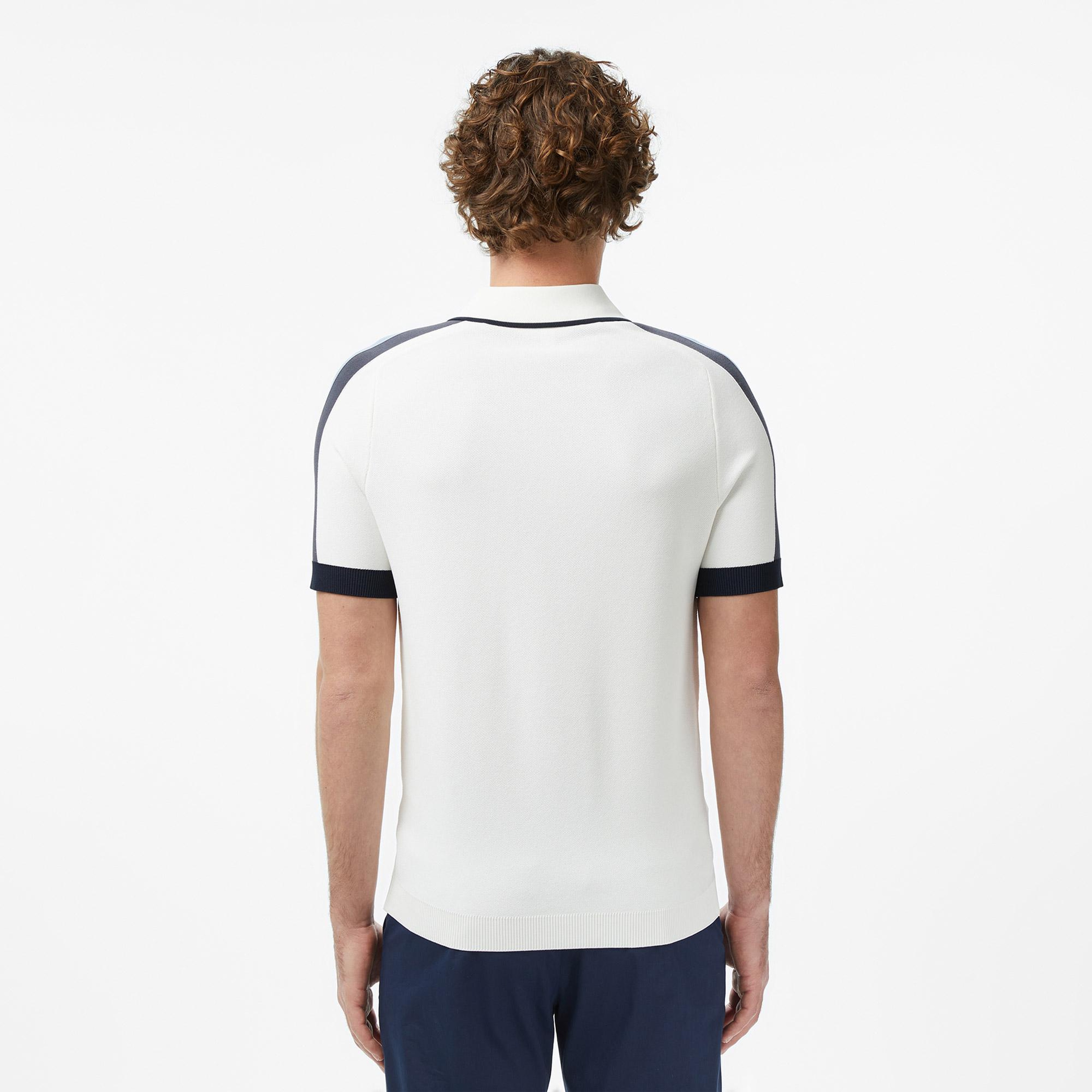 Erkek Classic Fit Kısa Kollu Yarım Fermuarlı Beyaz Triko