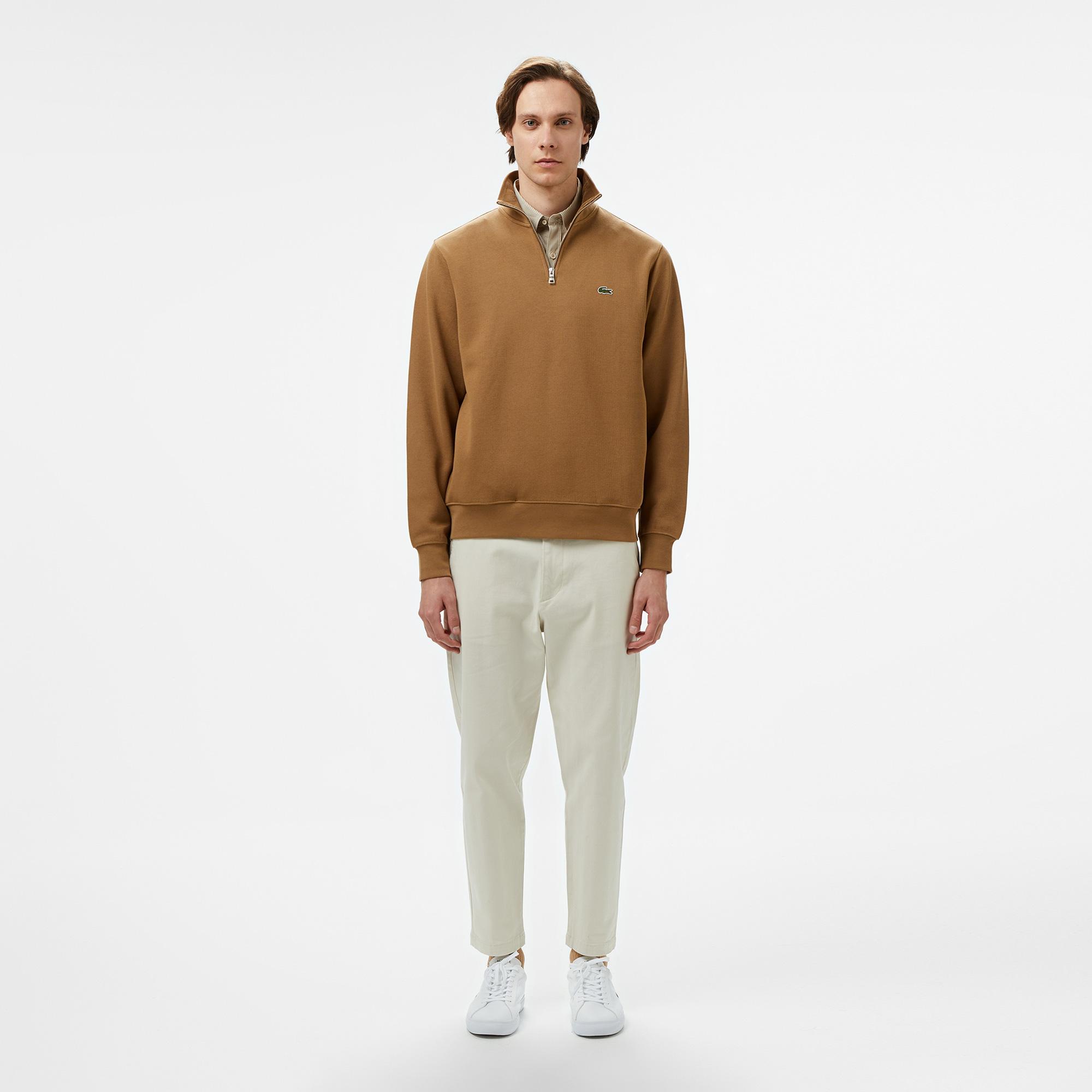 Erkek Classic Fit Yarım Fermuarlı Kahverengi Sweatshirt