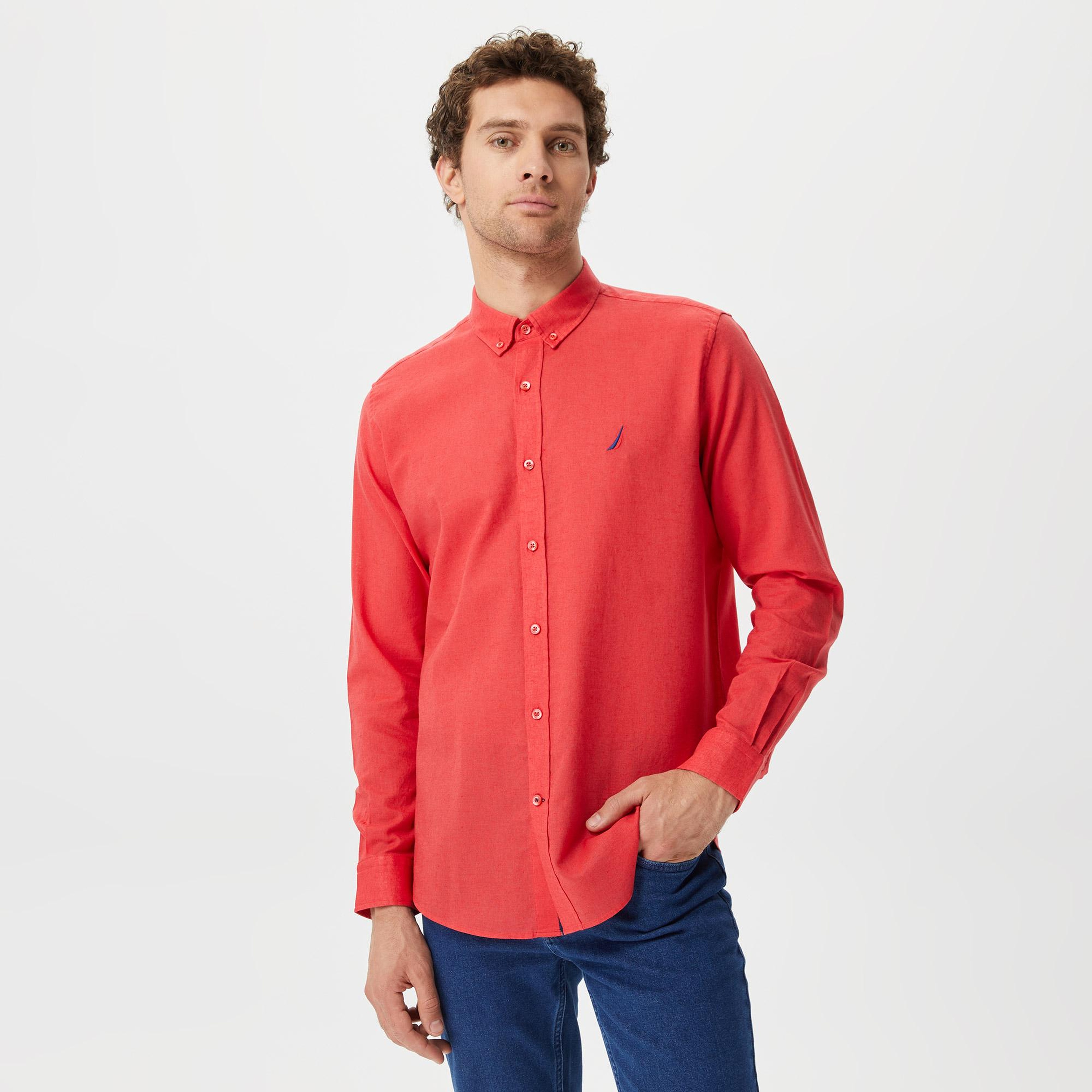 Nautica Erkek Pembe Classic Fit Uzun Kollu Keten Gömlek
