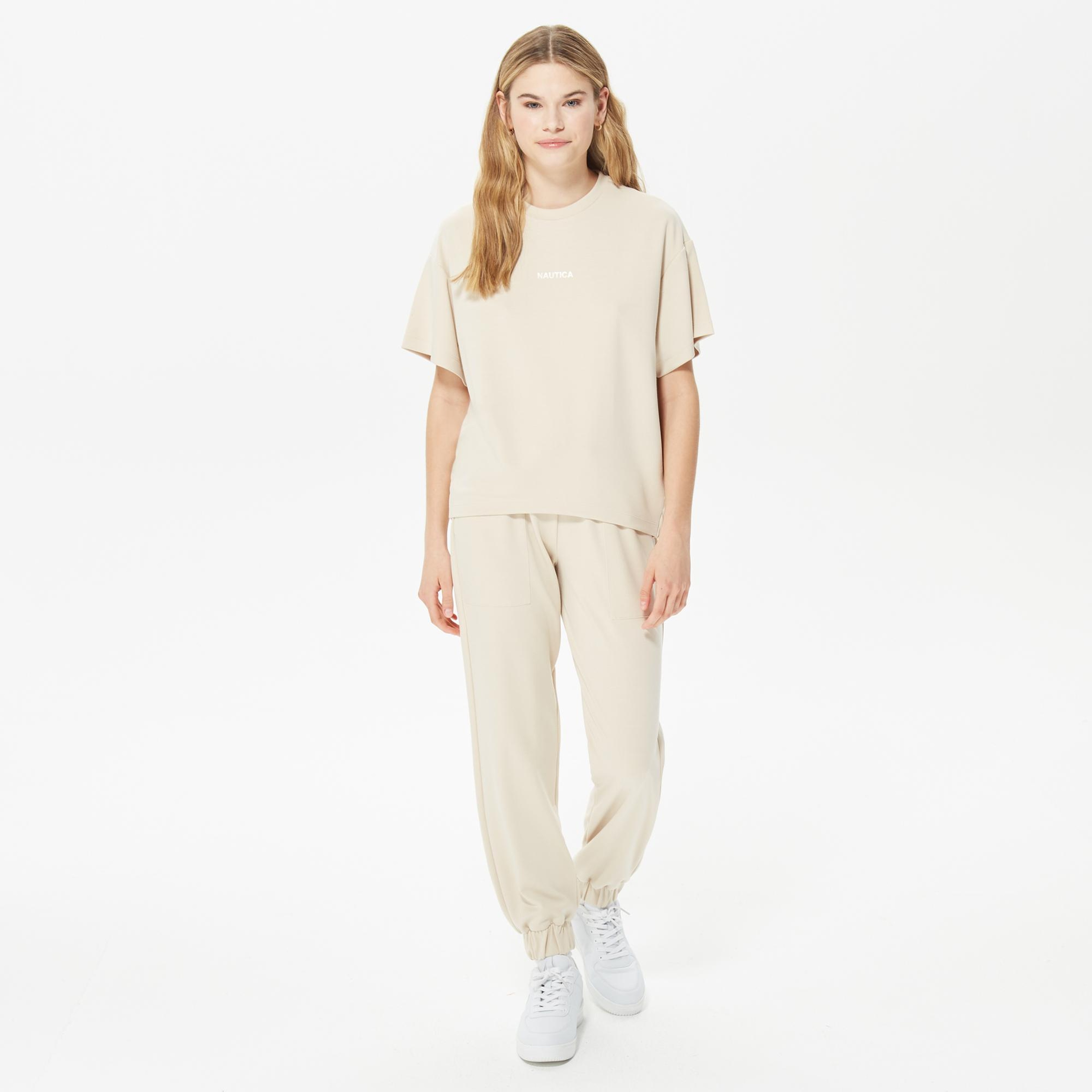 Nautica Kadın Bej Oversize Kısa Kollu Sweatshirt