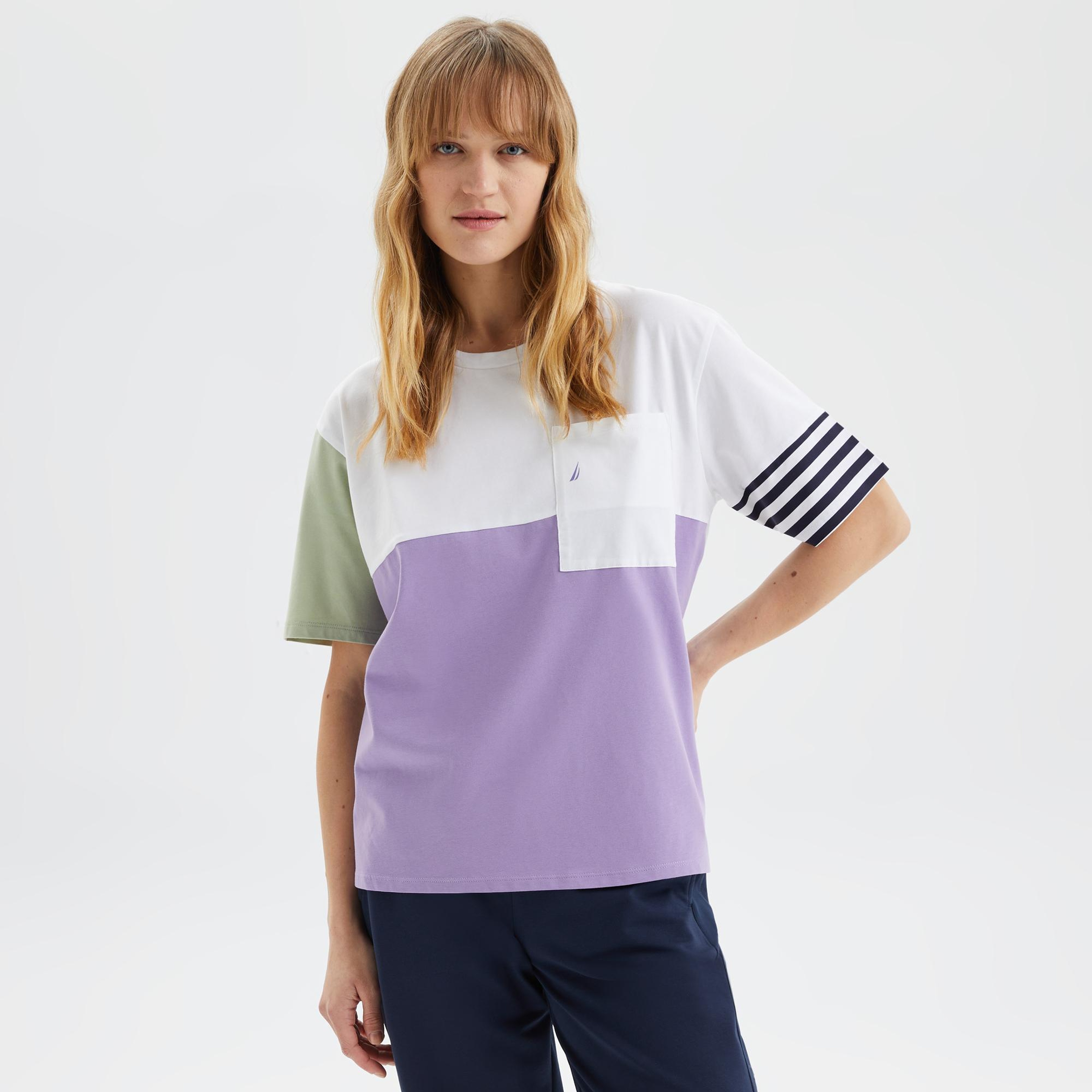Nautica Kadın Mor Renk Bloklu Oversize T-Shirt